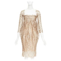 Romeo Gigli JOYCE Abito da cocktail vintage in pizzo drappeggiato color oro con drappeggi e scollo impero IT36 XXS