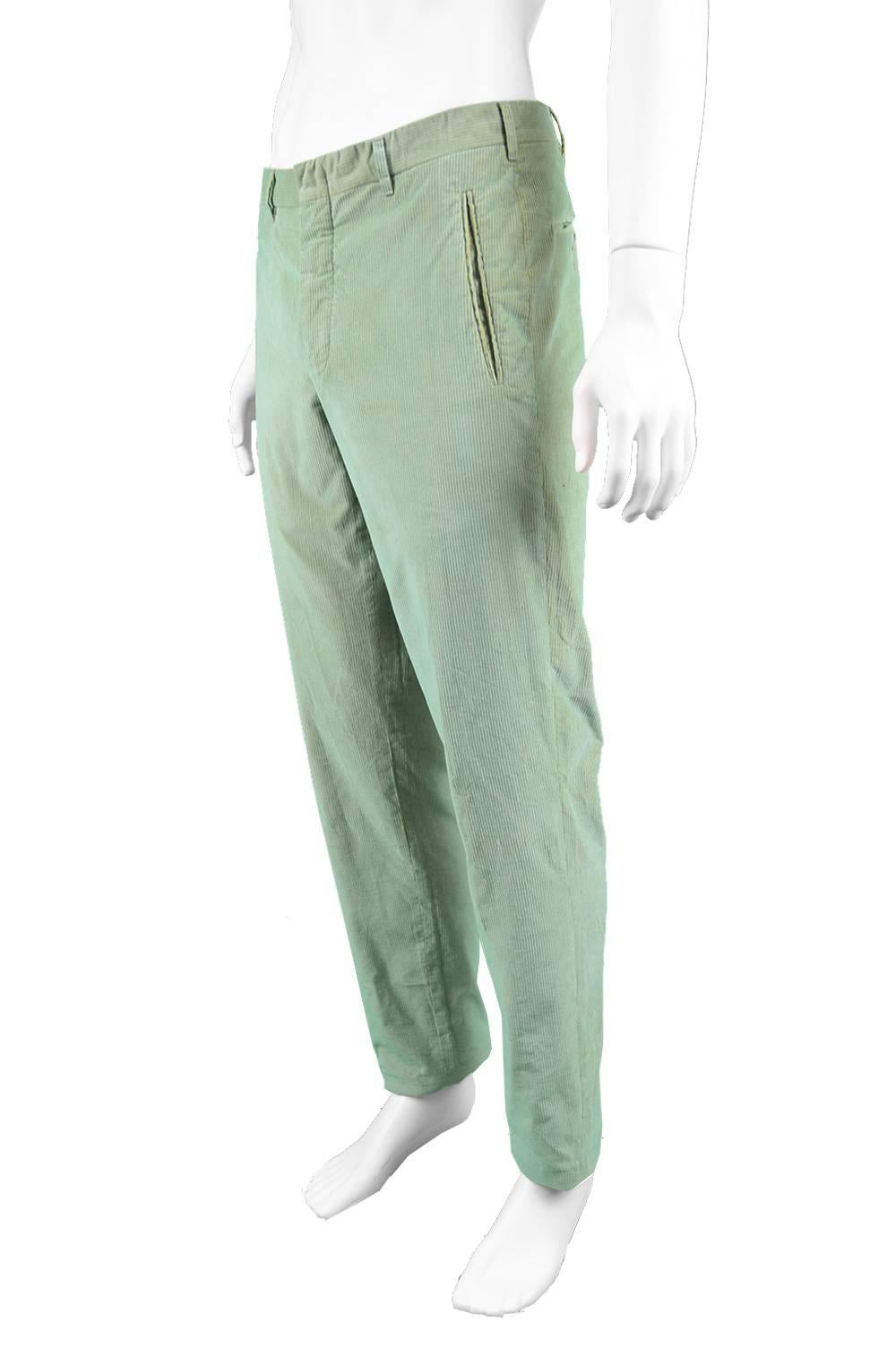 Gray Romeo Gigli Men's Vintage 1990's Iridescent Green & Brown Slim Leg Ribbed Pants For Sale