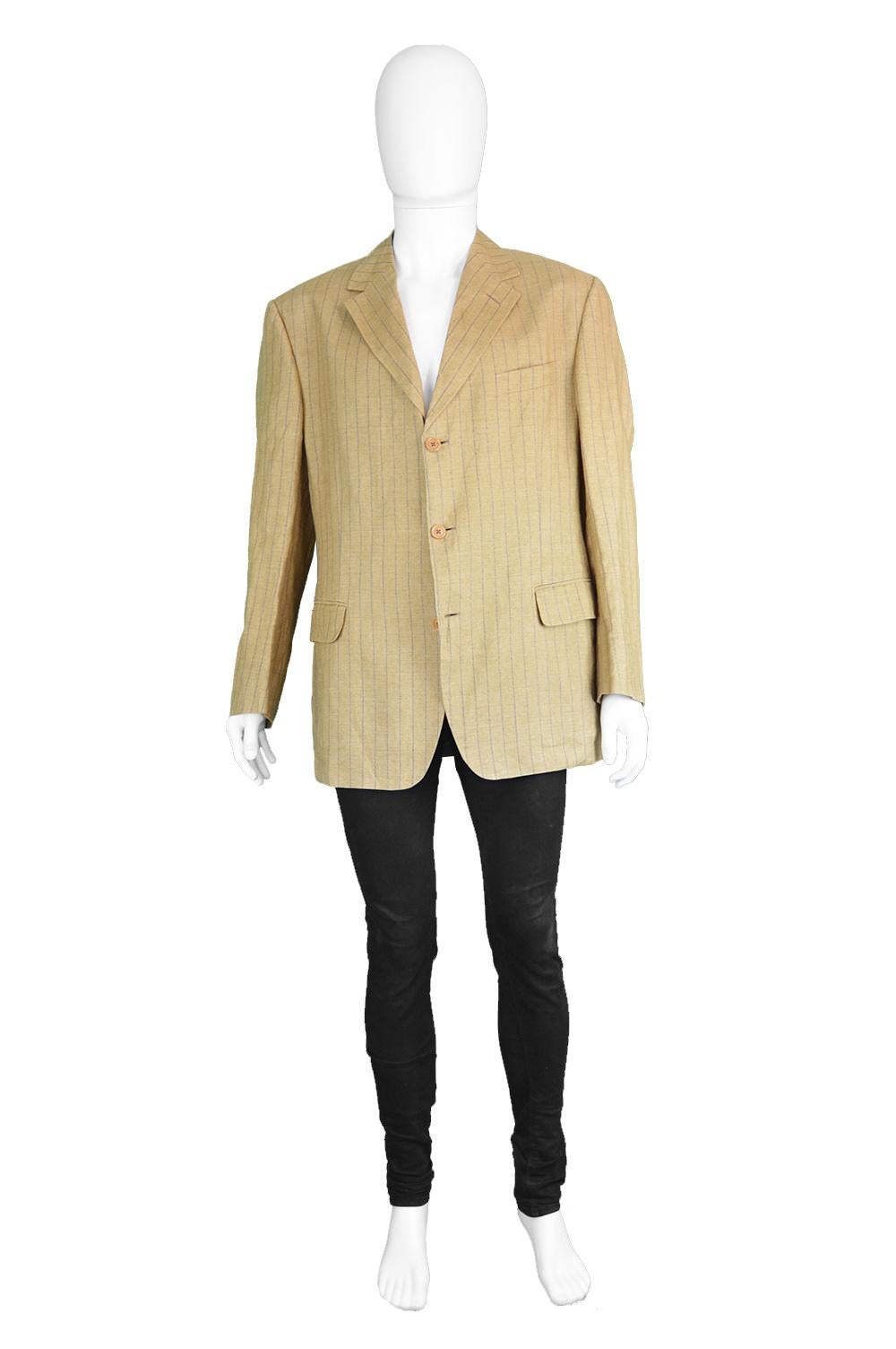 Romeo Gigli Men's Vintage Mustard Yellow Pinstripe Linen Blazer Jacket, 1990s

Size: Marked EU 52R which is roughly a men's Large (Check measurements to ensure best fit)
Chest - 44” / 112cm (allow a couple of inches room for movement)
Waist - 42” /
