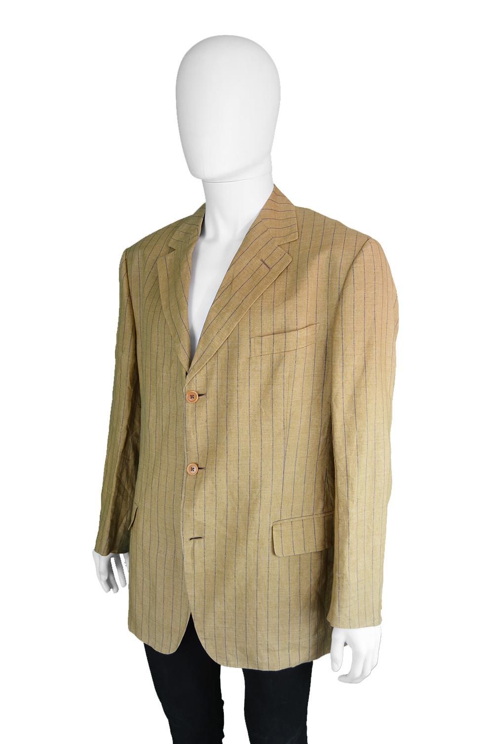 Romeo Gigli Men's Vintage Mustard Yellow Pinstripe Linen Blazer Jacket, 1990s (Gelb)