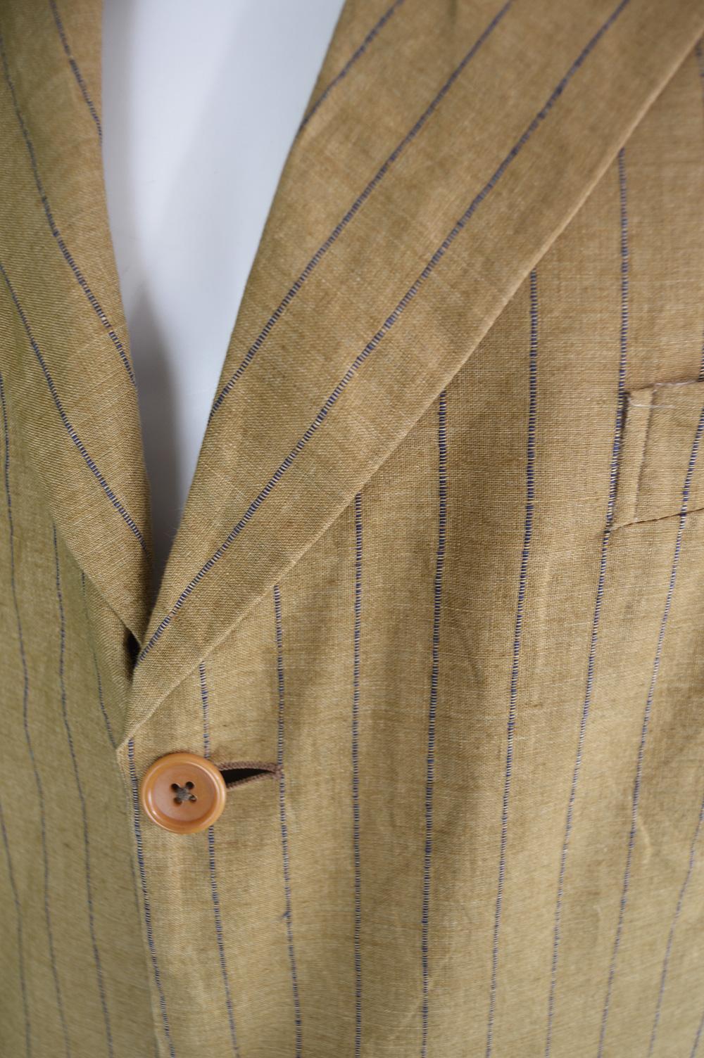 Romeo Gigli Men's Vintage Mustard Yellow Pinstripe Linen Blazer Jacket, 1990s In Excellent Condition For Sale In Doncaster, South Yorkshire