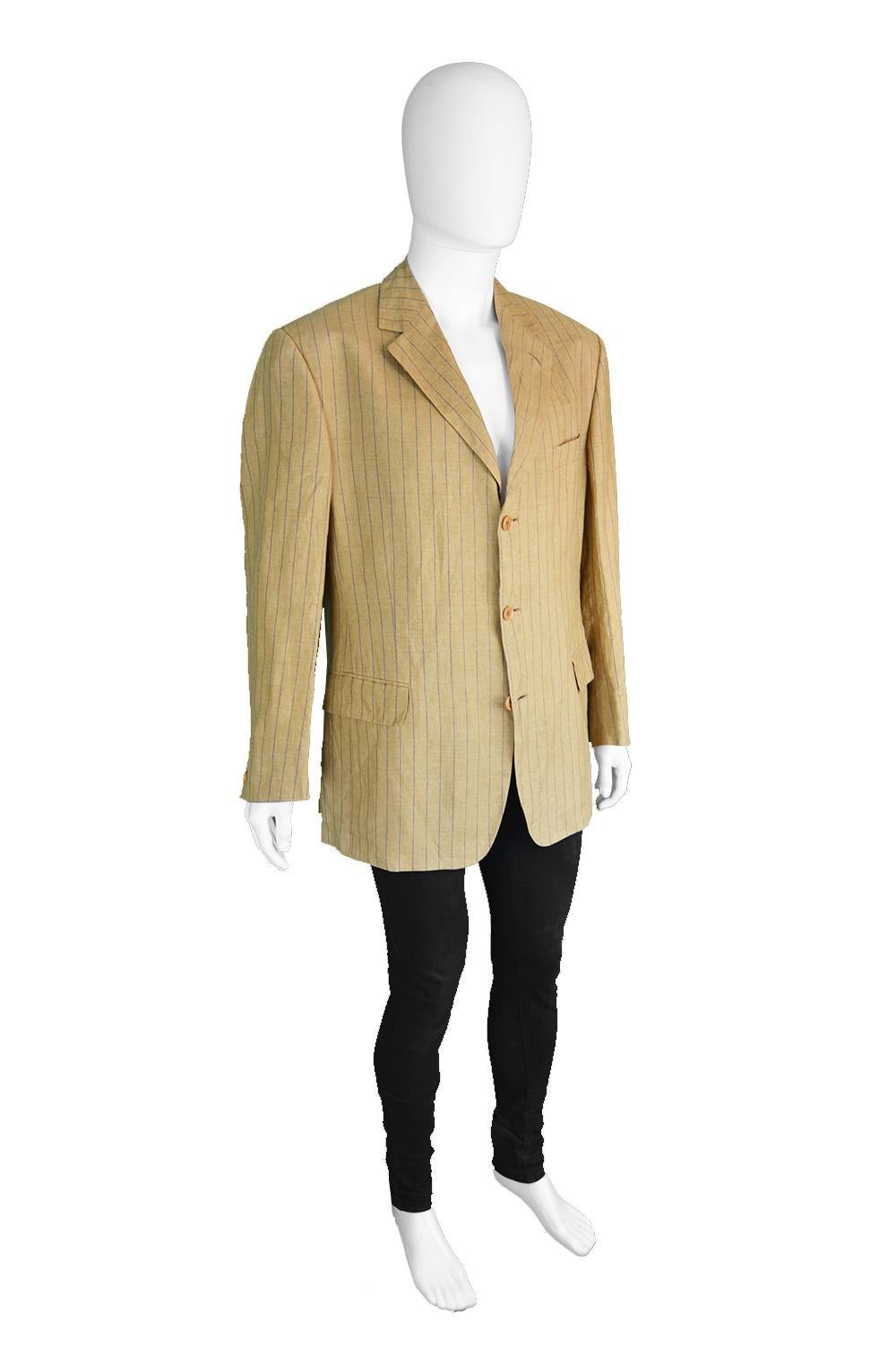Romeo Gigli Men's Vintage Mustard Yellow Pinstripe Linen Blazer Jacket, 1990s Herren