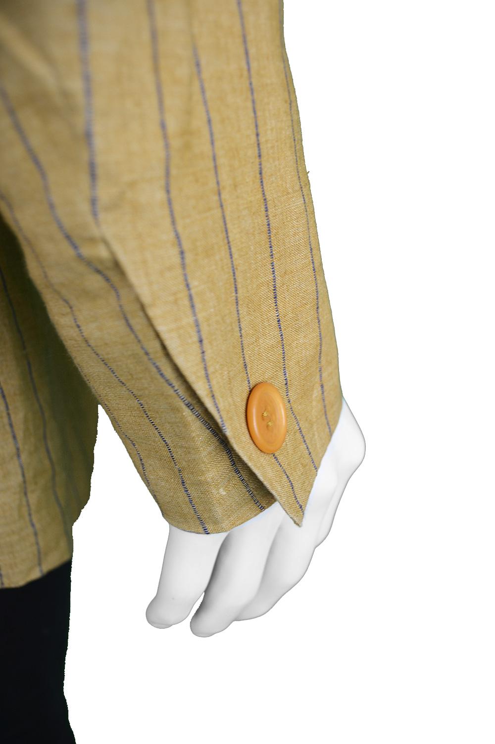 Romeo Gigli Men's Vintage Mustard Yellow Pinstripe Linen Blazer Jacket, 1990s 2