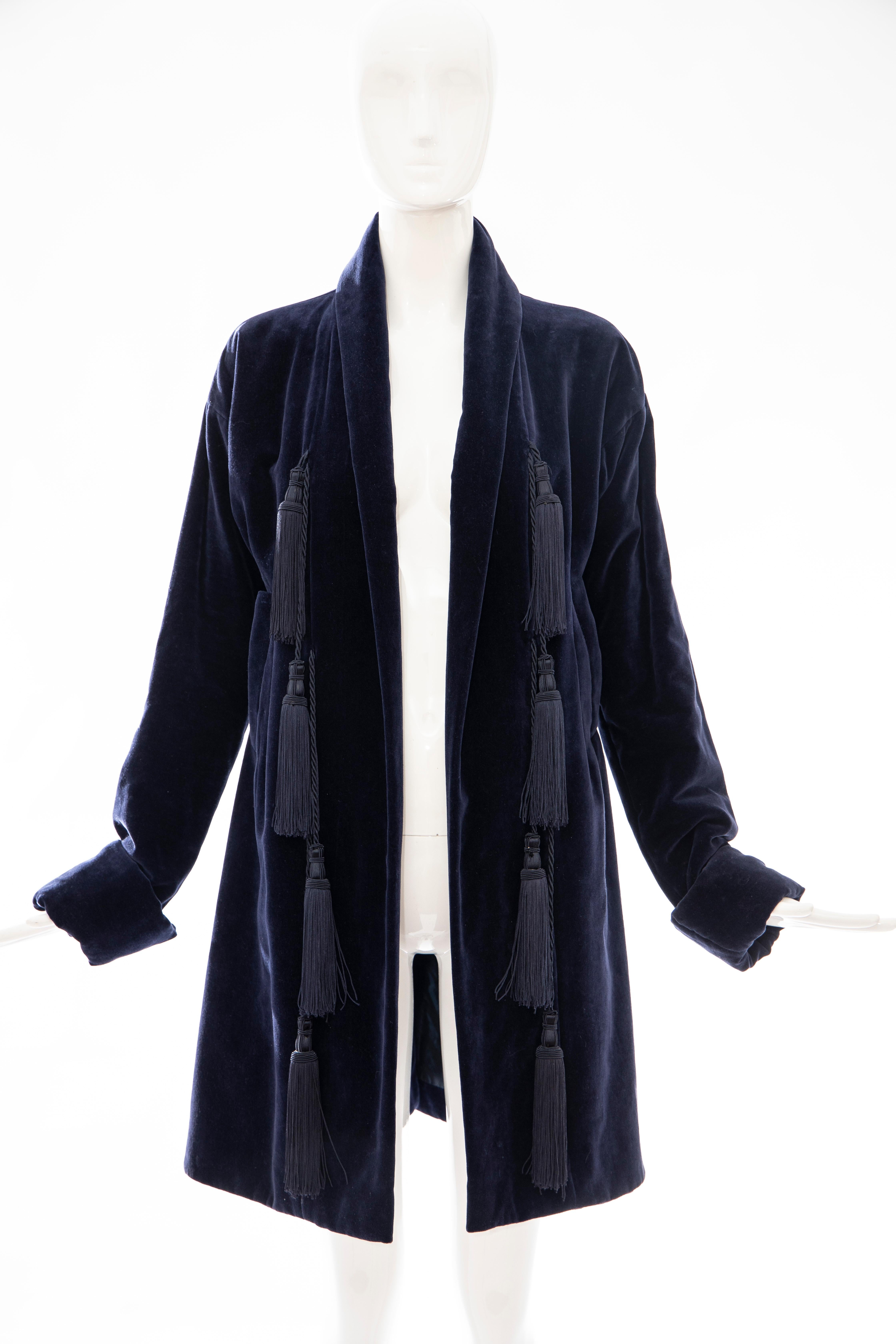 Romeo Gigli Navy Blue Cotton Velvet Appliquéd Tassels Kimono Jacket, Fall 1994 For Sale 4