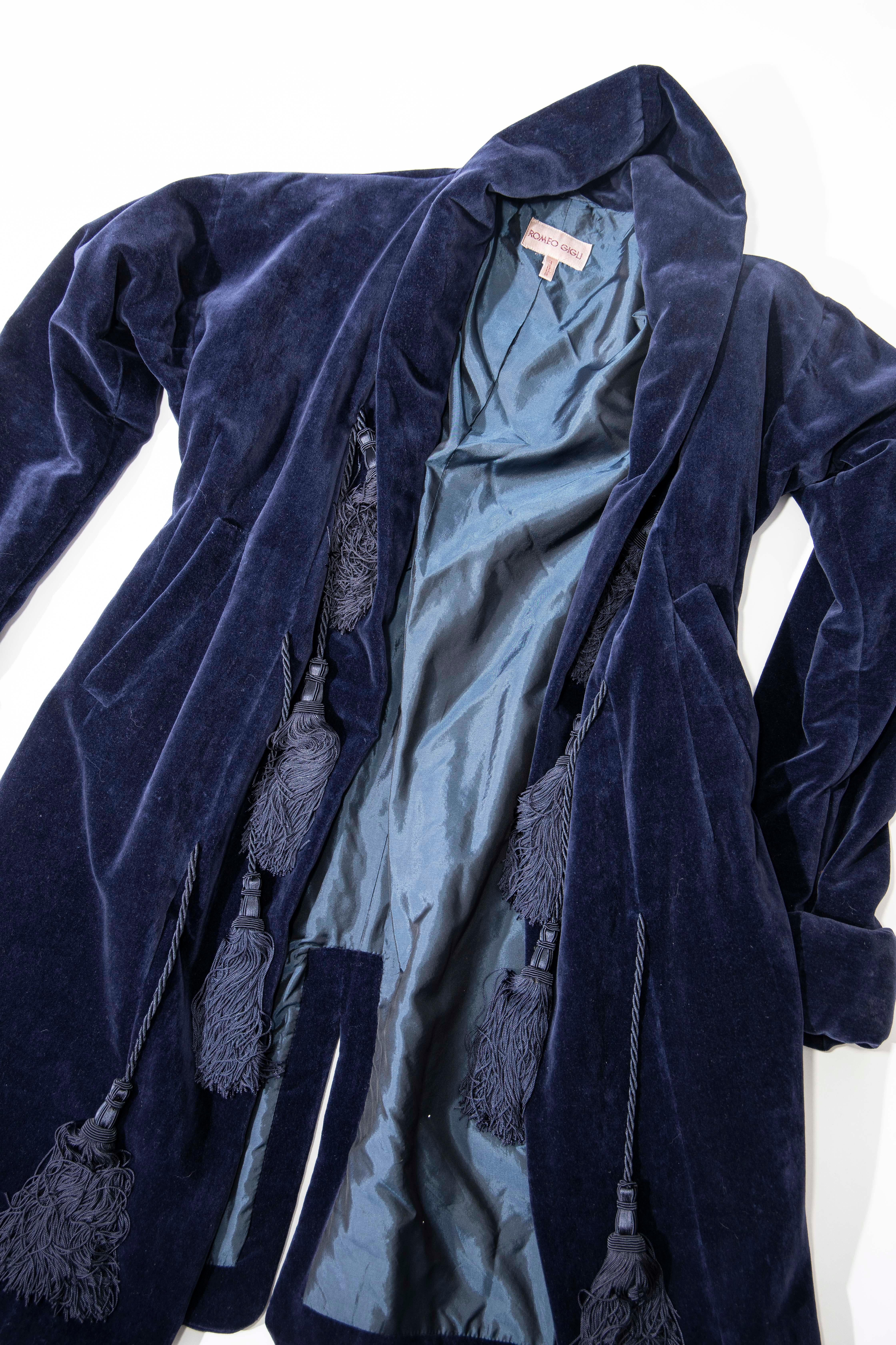 Romeo Gigli Navy Blue Cotton Velvet Appliquéd Tassels Kimono Jacket, Fall 1994 For Sale 5