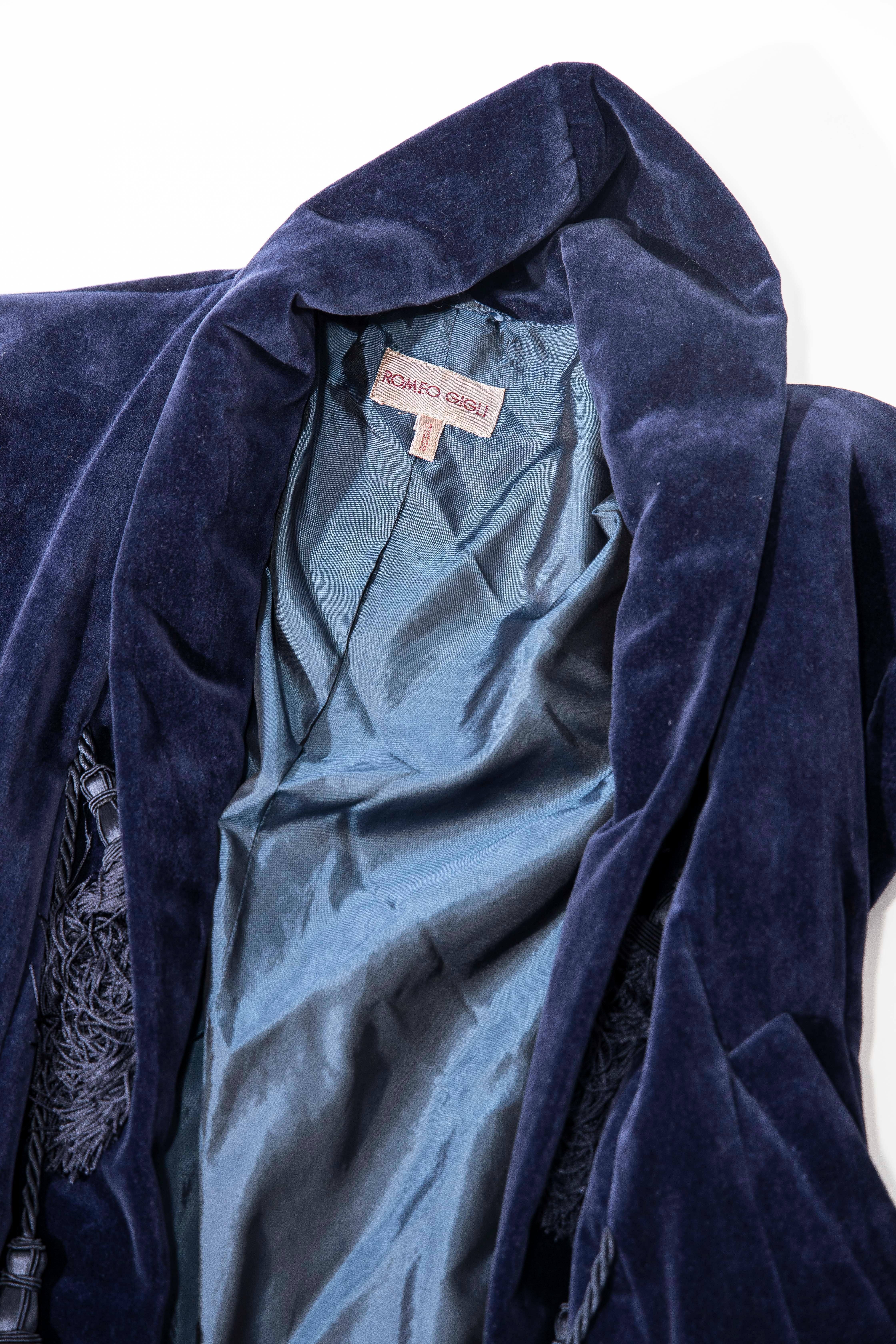 Romeo Gigli Navy Blue Cotton Velvet Appliquéd Tassels Kimono Jacket, Fall 1994 For Sale 6