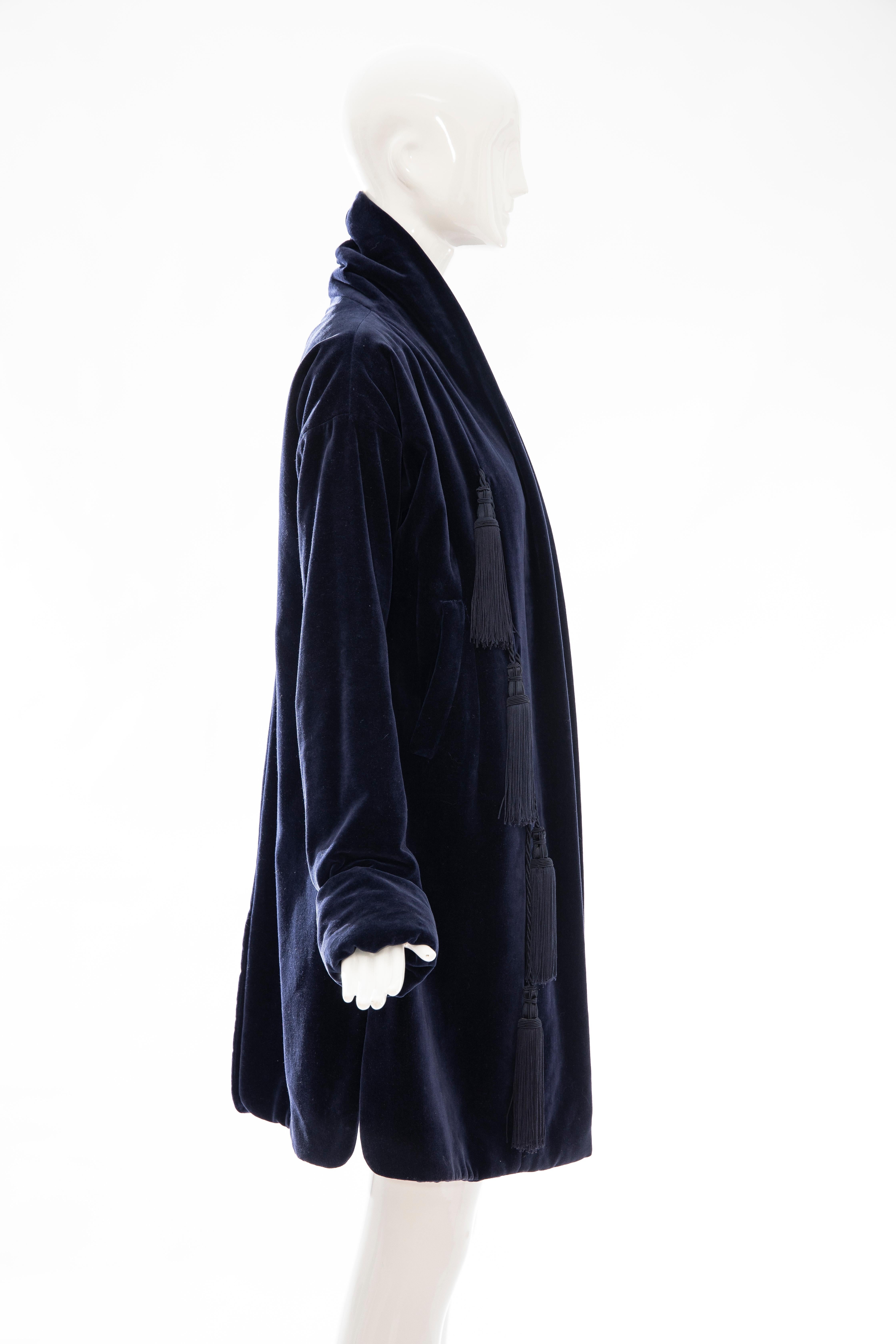 Black Romeo Gigli Navy Blue Cotton Velvet Appliquéd Tassels Kimono Jacket, Fall 1994 For Sale
