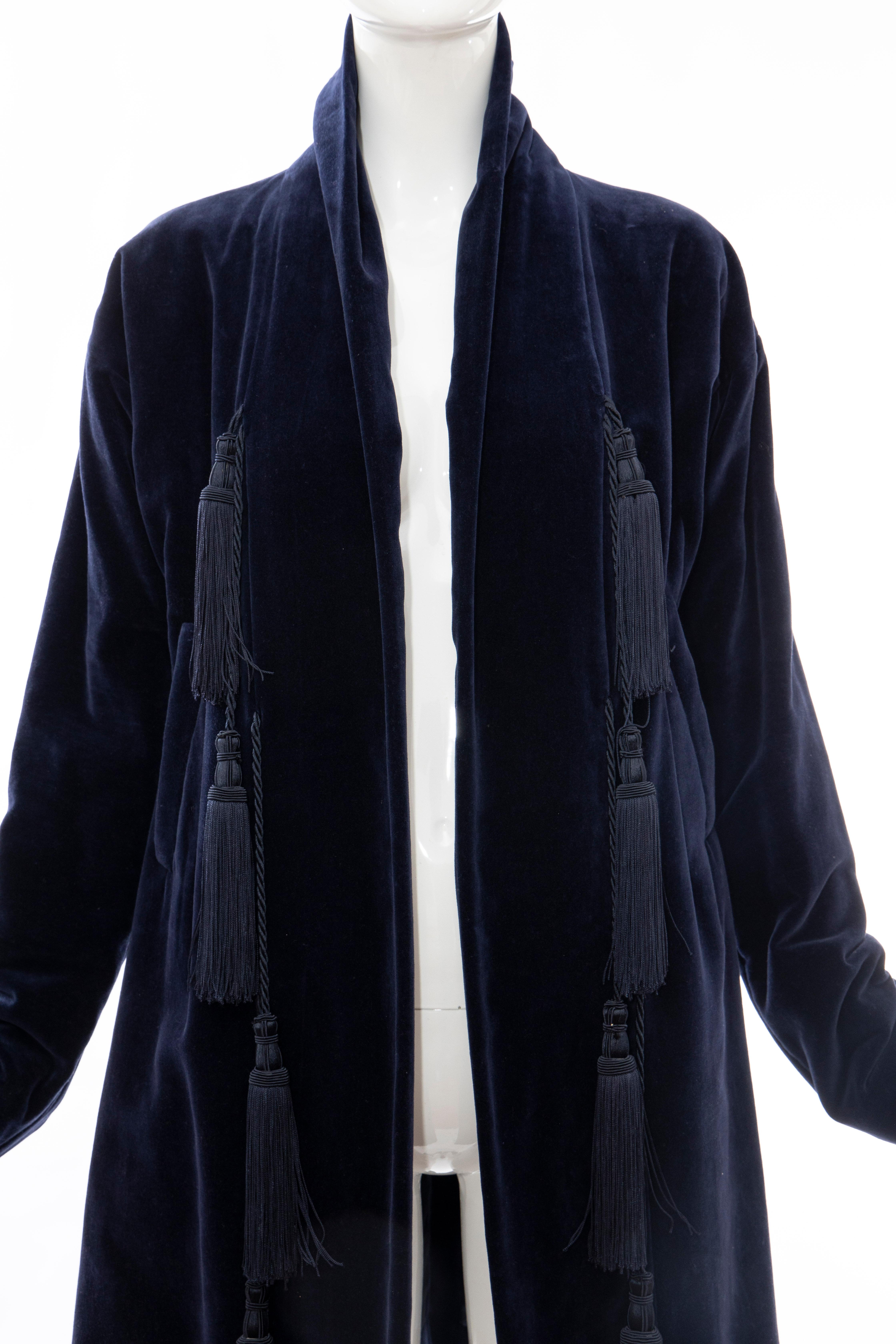 Romeo Gigli Navy Blue Cotton Velvet Appliquéd Tassels Kimono Jacket, Fall 1994 In Excellent Condition For Sale In Cincinnati, OH