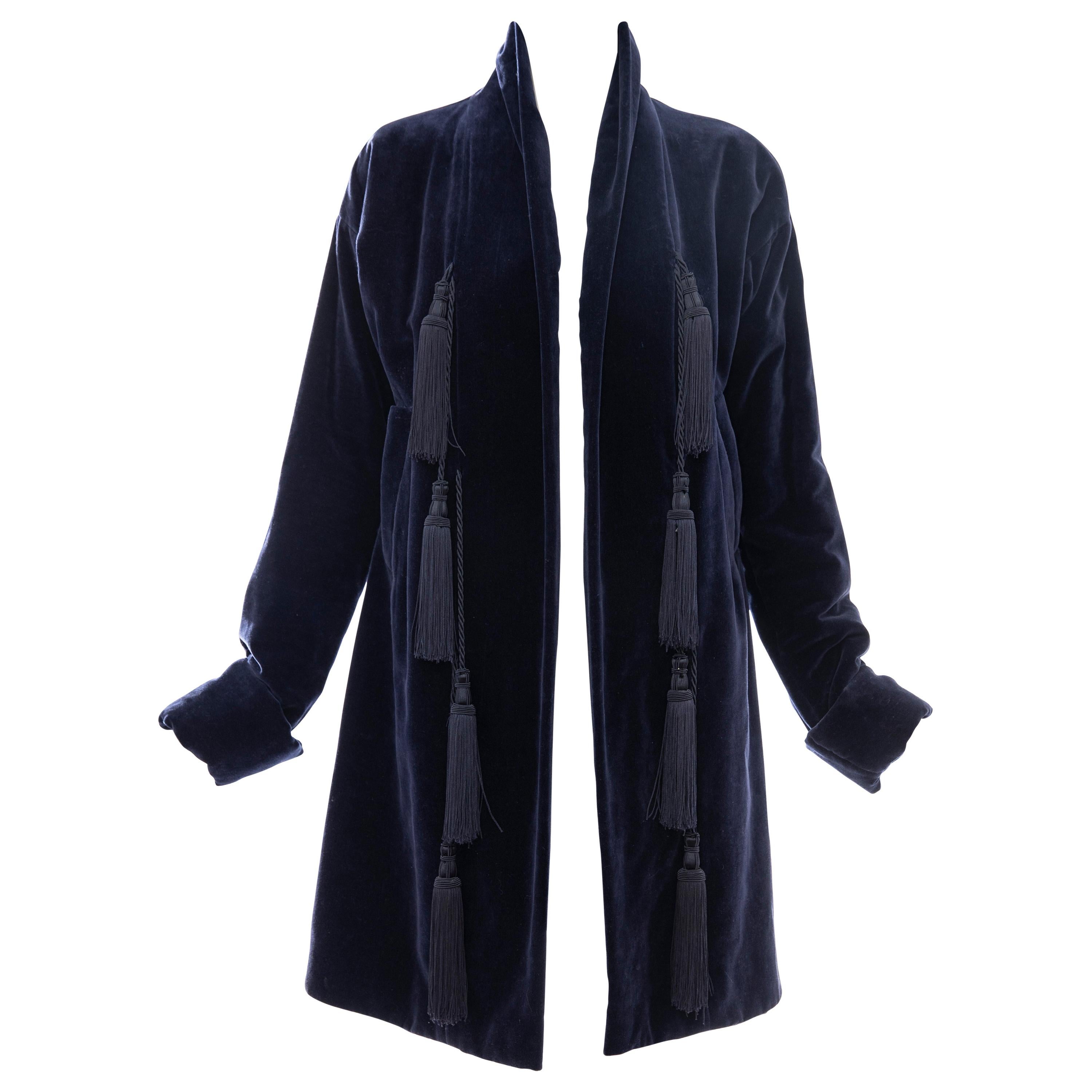 Romeo Gigli Navy Blue Cotton Velvet Appliquéd Tassels Kimono Jacket, Fall 1994 For Sale