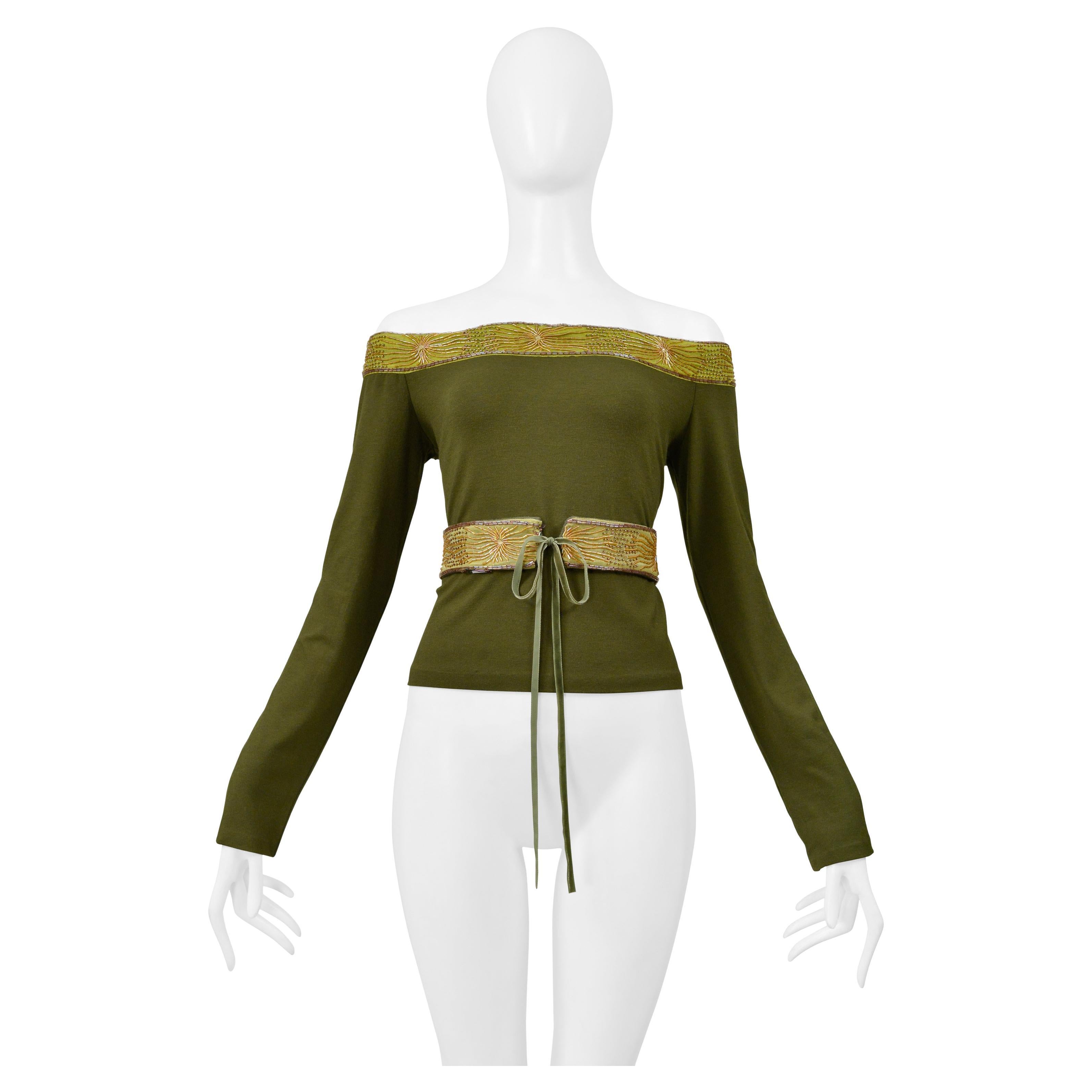 Romeo Gigli Olive Green Long Sleeve Beaded Top With Belt For Sale