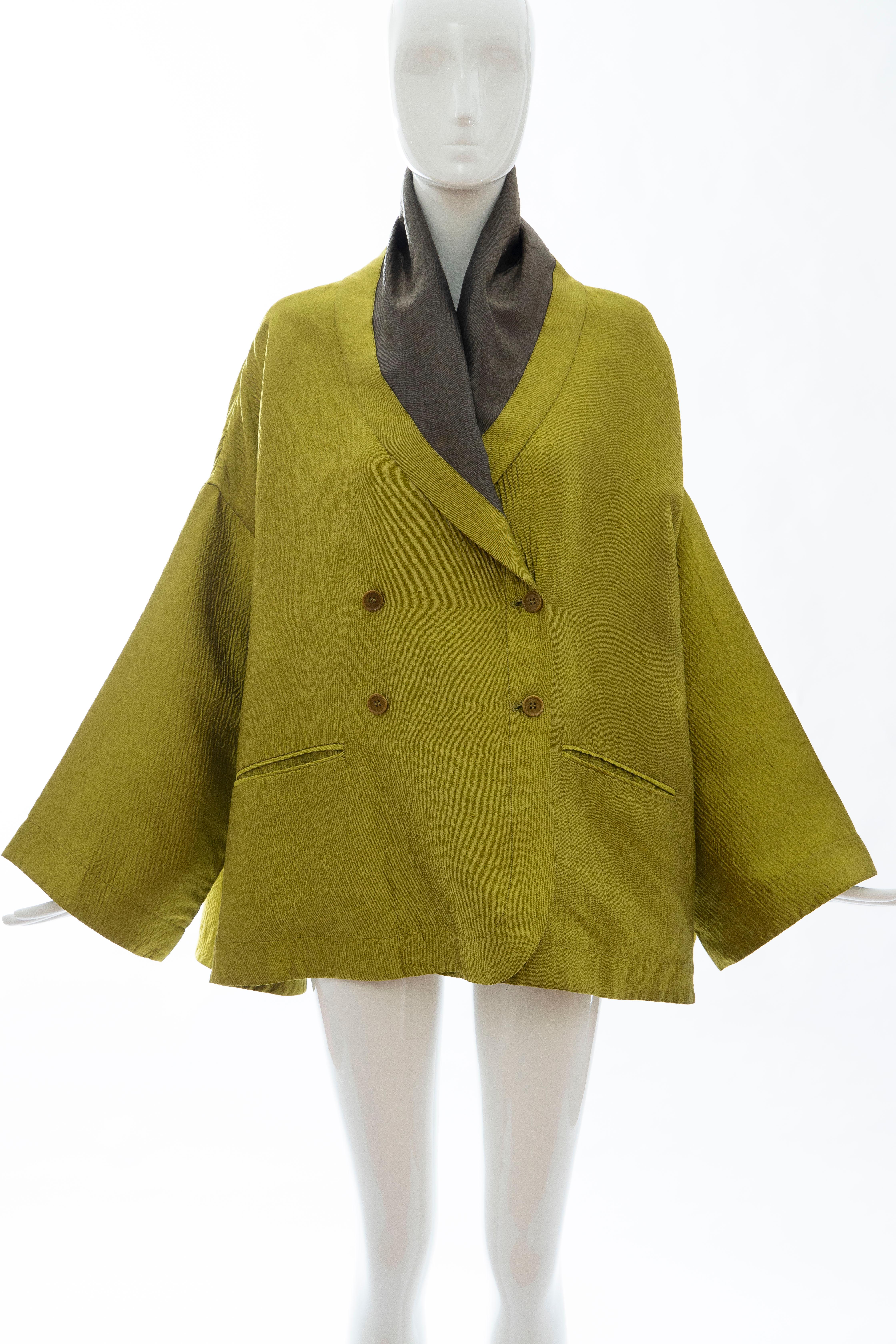 Romeo Gigli Runway Fall 1991, silk, cotton chartreuse green double breasted evening jacket with two front pockets.

IT. 40, US. 4
Bust: 58, Waist: 62, Hip: 78, Length: 29