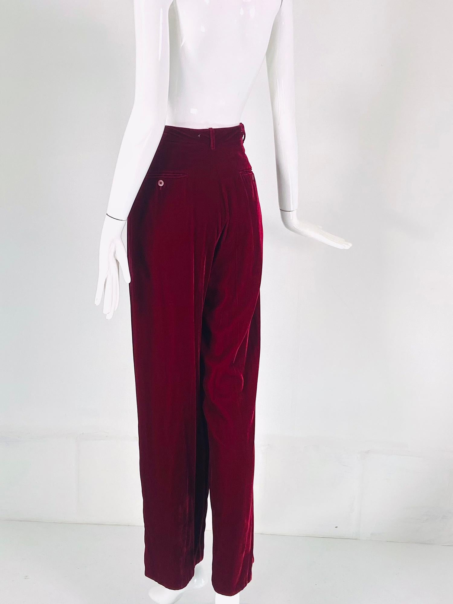 Romeo Gigli S/S 1990 Look 47 RTW Womens Garnet Velvet Button Fly Trouser 40 For Sale 1