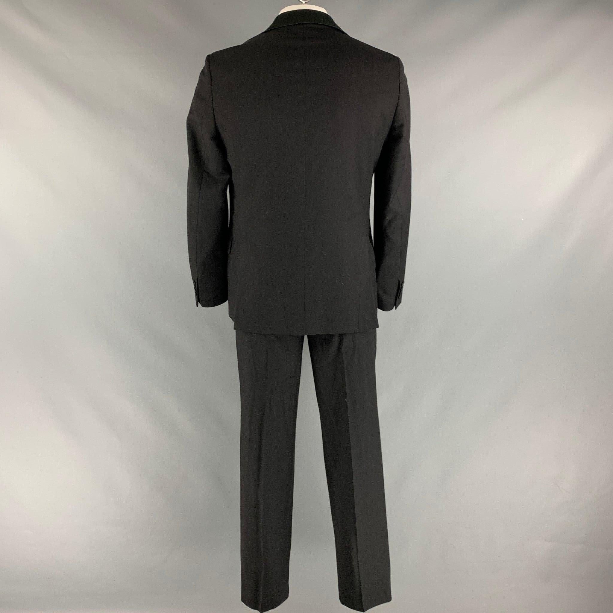 Men's ROMEO GIGLI Size 42 Black Green Solid Wool Notch Lapel Suit For Sale