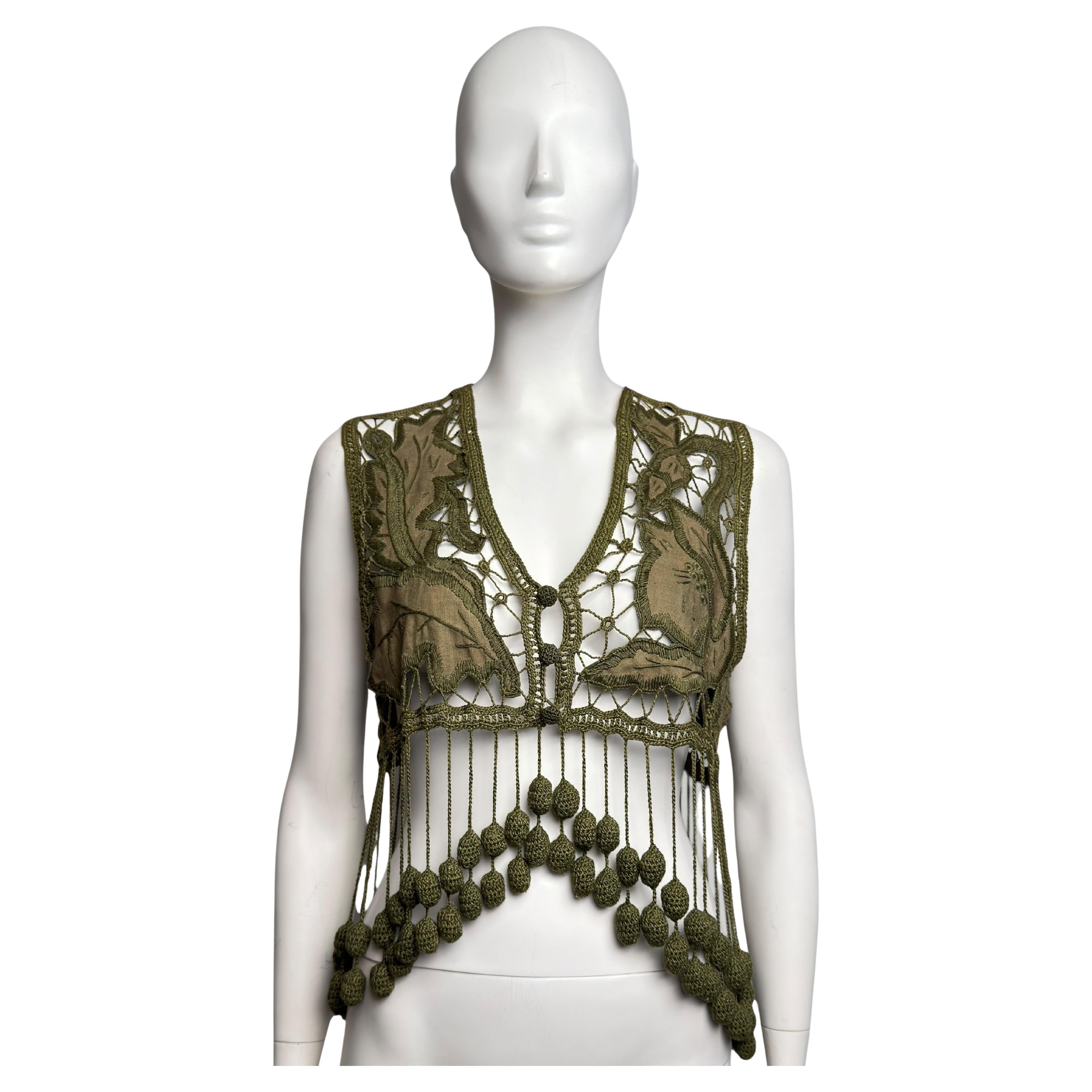 Romeo Gigli Spring 1990 Gilet en crochet à franges vert olive