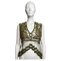 Romeo Gigli Spring 1990 Fringe Crochet Olive Green Vest