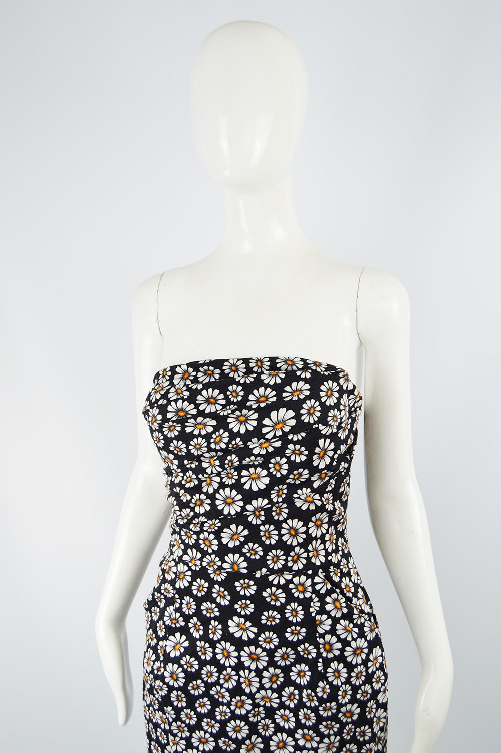 Romeo Gigli Strapless Black Stretch Cotton Daisy Print Draped Dress, 2000s In Excellent Condition In Doncaster, South Yorkshire
