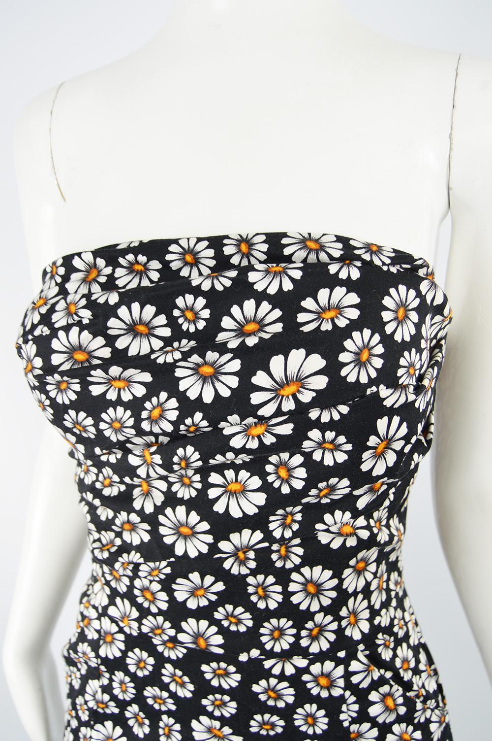 Women's Romeo Gigli Strapless Black Stretch Cotton Daisy Print Draped Dress, 2000s
