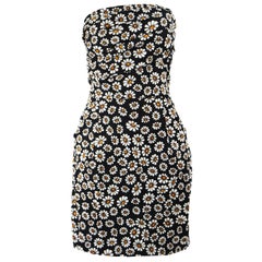 Romeo Gigli Strapless Black Stretch Cotton Daisy Print Draped Dress, 2000s