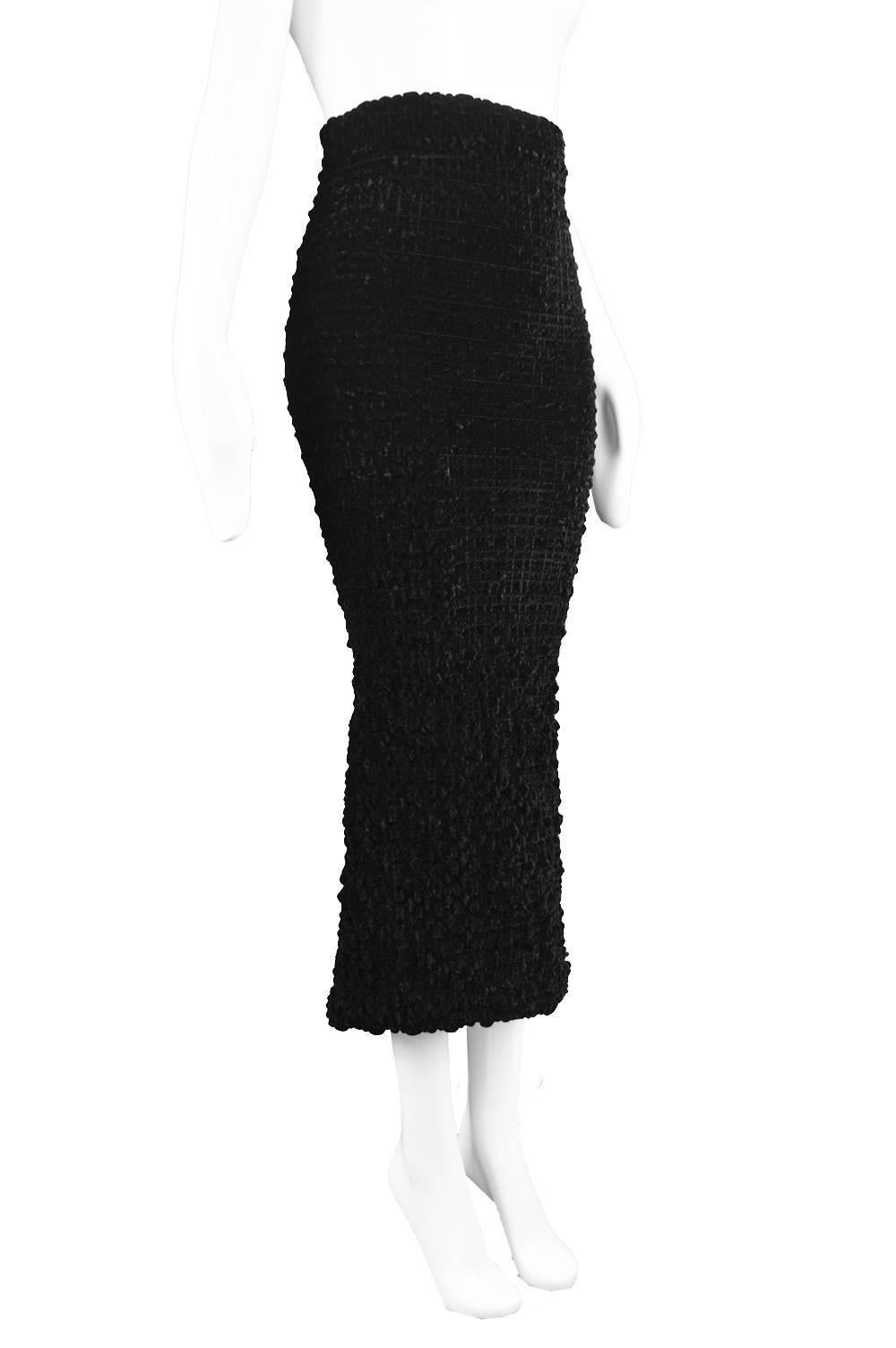 Romeo Gigli Vintage Black Velvet Textured Smocked Ruched Wiggle Skirt, 1980s   For Sale 1