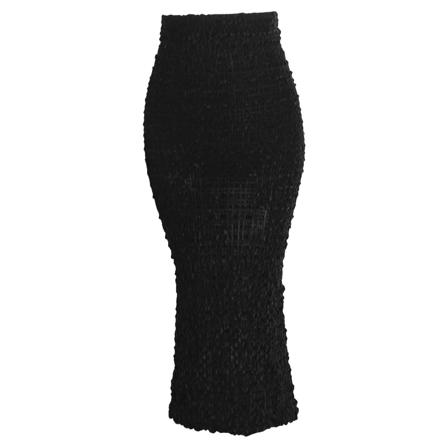 Romeo Gigli Vintage Black Velvet Textured Smocked Ruched Wiggle Skirt, 1980s   For Sale