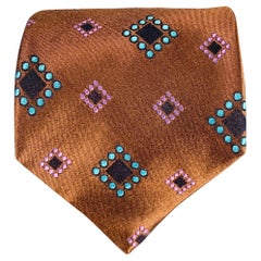 ROMEO GIGLI Vintage Braun Blau Lila Geometrische Jacquard Seidenkrawatte