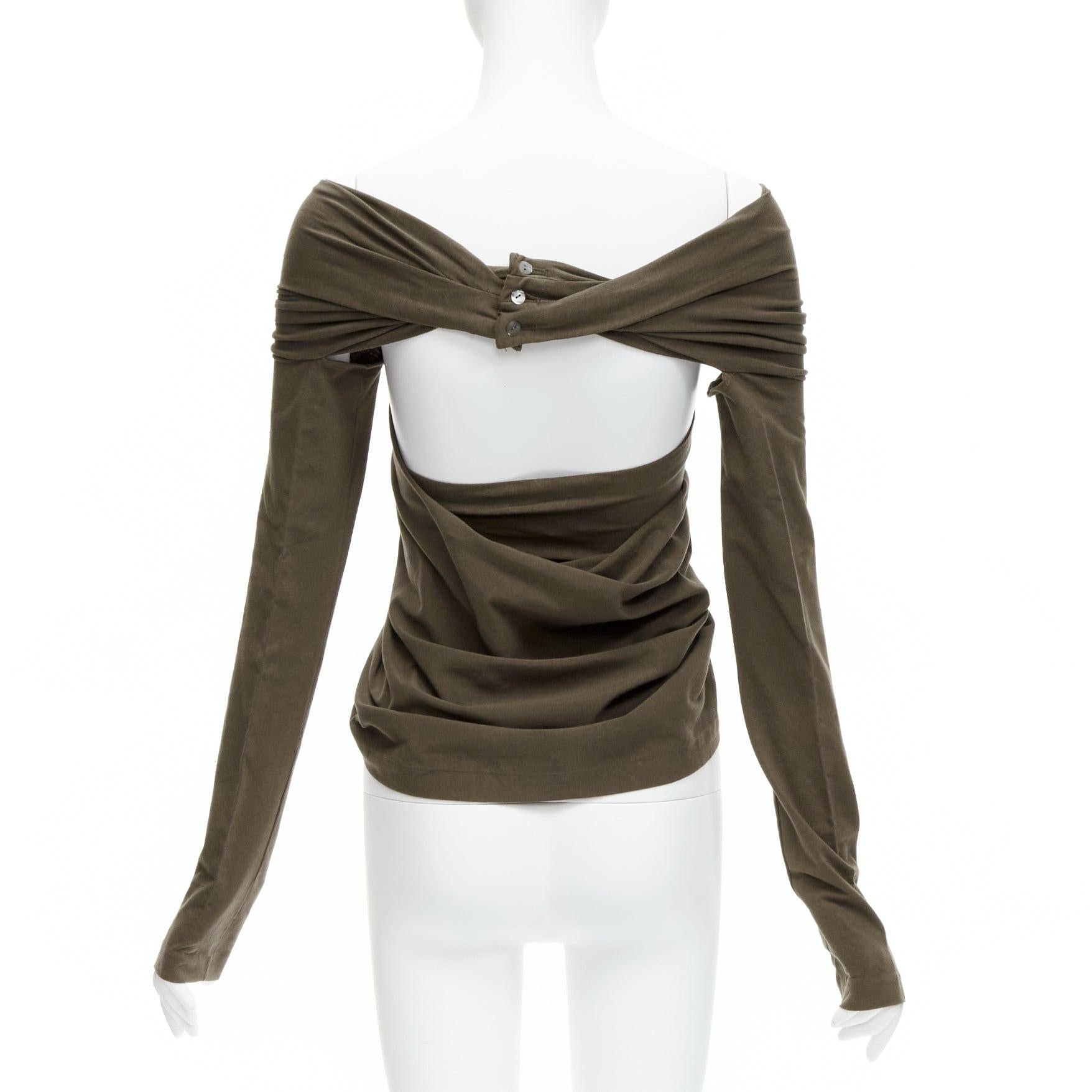 ROMEO GIGLI Vintage khaki green jersey twist off shoulder armhole cutout long sleeve top IT40 S
Reference: PYCN/A00093
Brand: Romeo Gigli
Material: Cotton, Blend
Color: Khaki
Pattern: Solid
Closure: Pullover
Made in: Italy

CONDITION:
Condition: