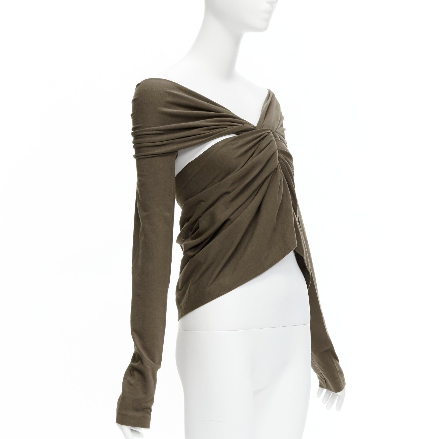 ROMEO GIGLI Vintage khaki green jersey twist off shoulder armhole cutout long In Good Condition For Sale In Hong Kong, NT