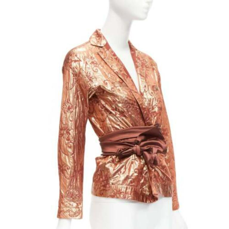 ROMEO GIGLI Vintage Metallic Roségold Barockes Jacquard-Wickelhemd mit Gürtel IT44 L (Braun)