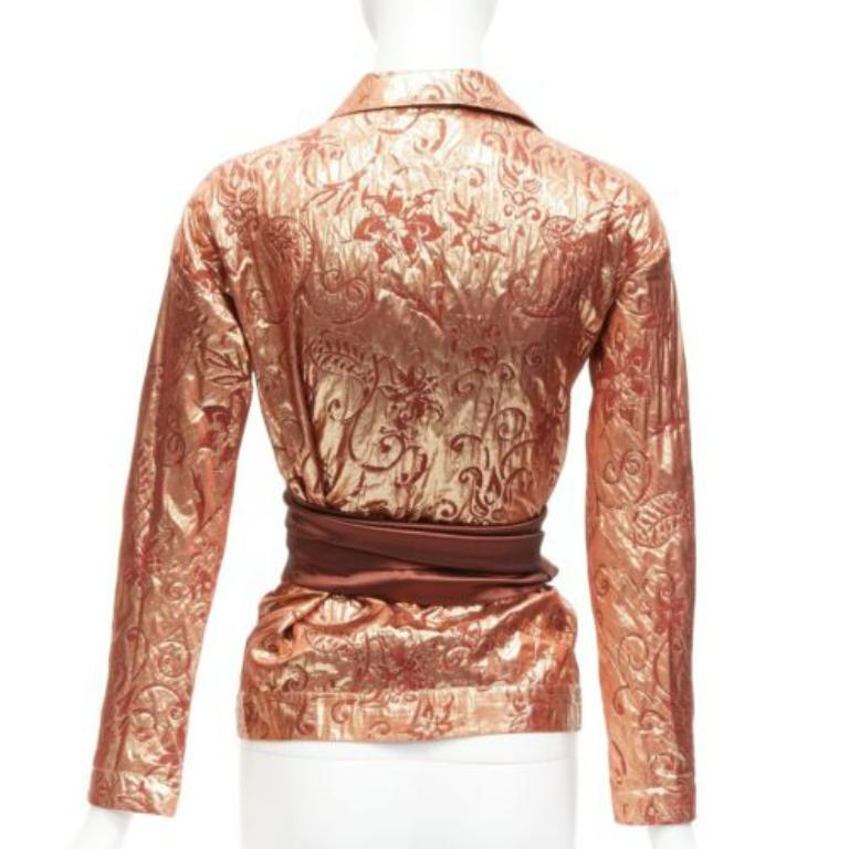 ROMEO GIGLI Vintage Metallic Roségold Barockes Jacquard-Wickelhemd mit Gürtel IT44 L Damen