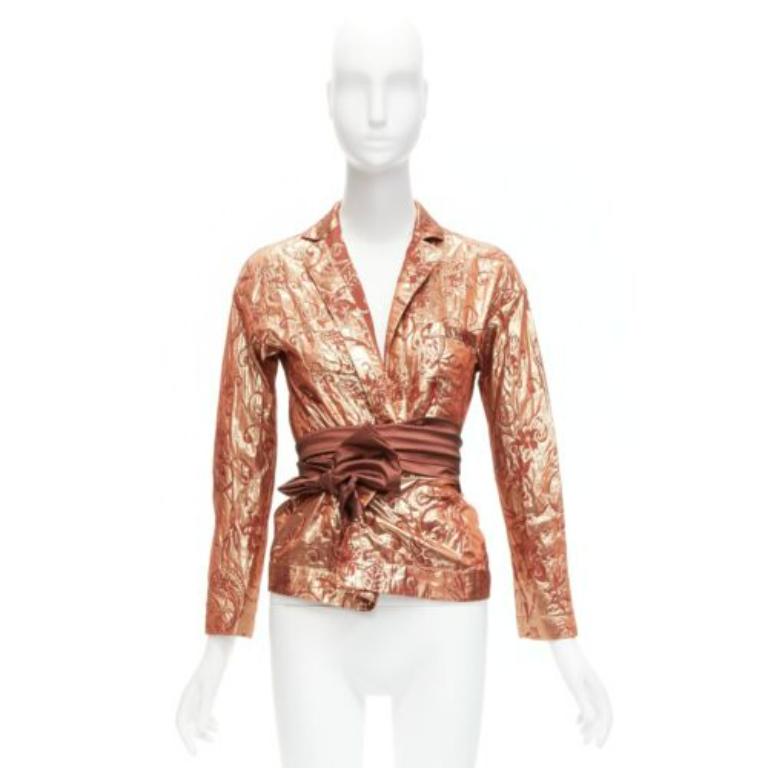 ROMEO GIGLI Vintage Metallic Roségold Barockes Jacquard-Wickelhemd mit Gürtel IT44 L 4