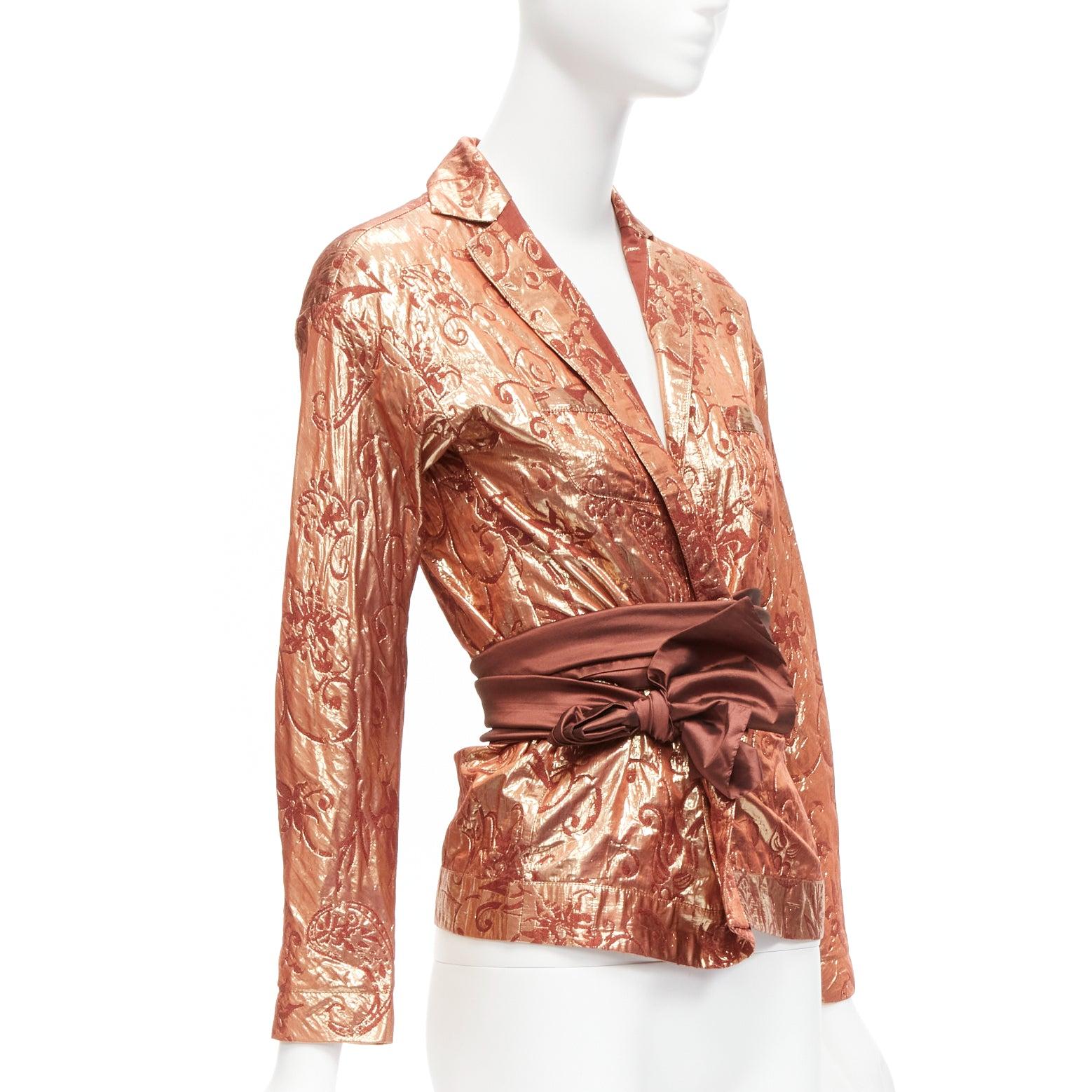 ROMEO GIGLI Vintage rose gold silk wool baroque jacquard wrap belt shirt IT44 L In Excellent Condition For Sale In Hong Kong, NT