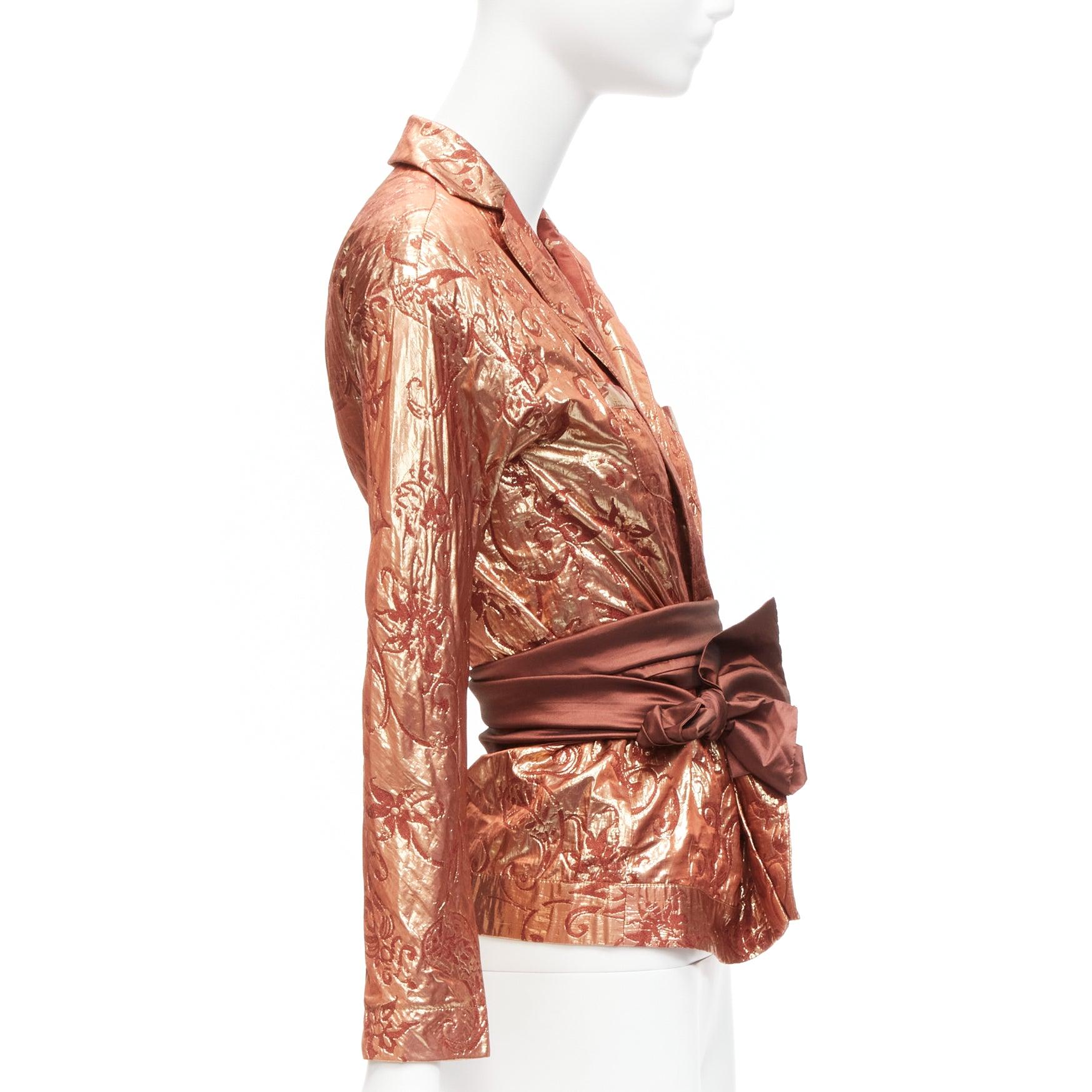 Women's ROMEO GIGLI Vintage rose gold silk wool baroque jacquard wrap belt shirt IT44 L For Sale