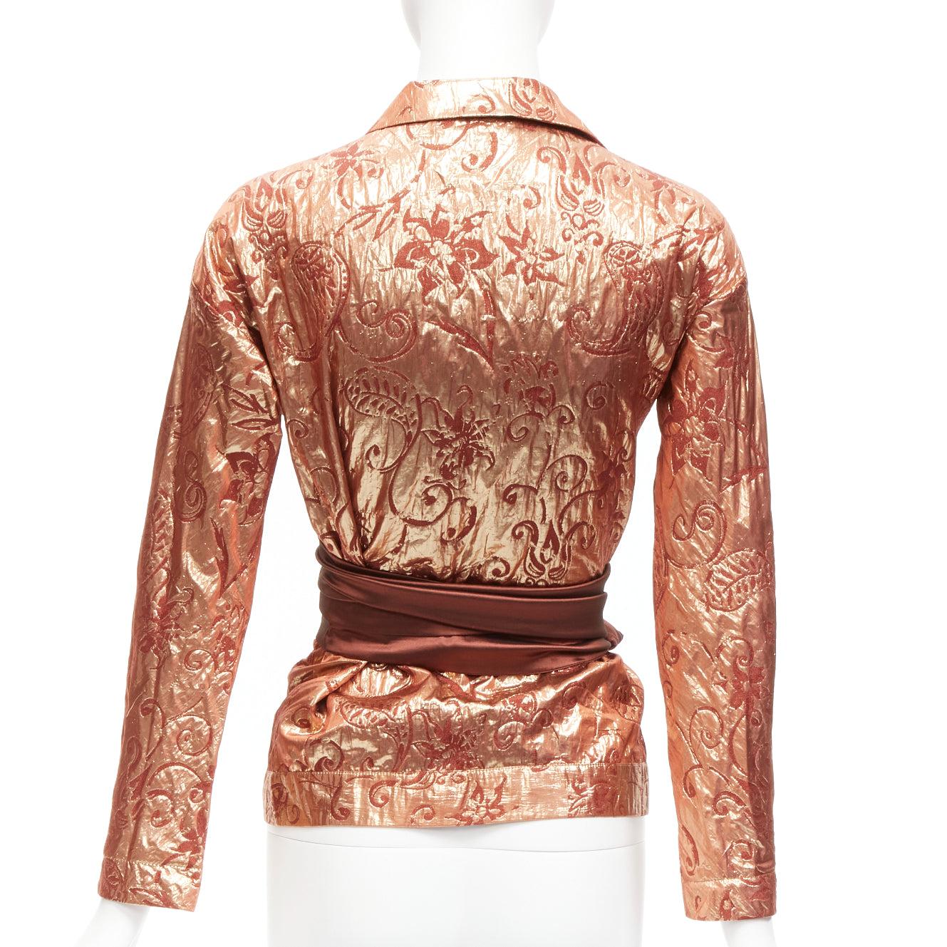 ROMEO GIGLI Vintage rose gold silk wool baroque jacquard wrap belt shirt IT44 L For Sale 1