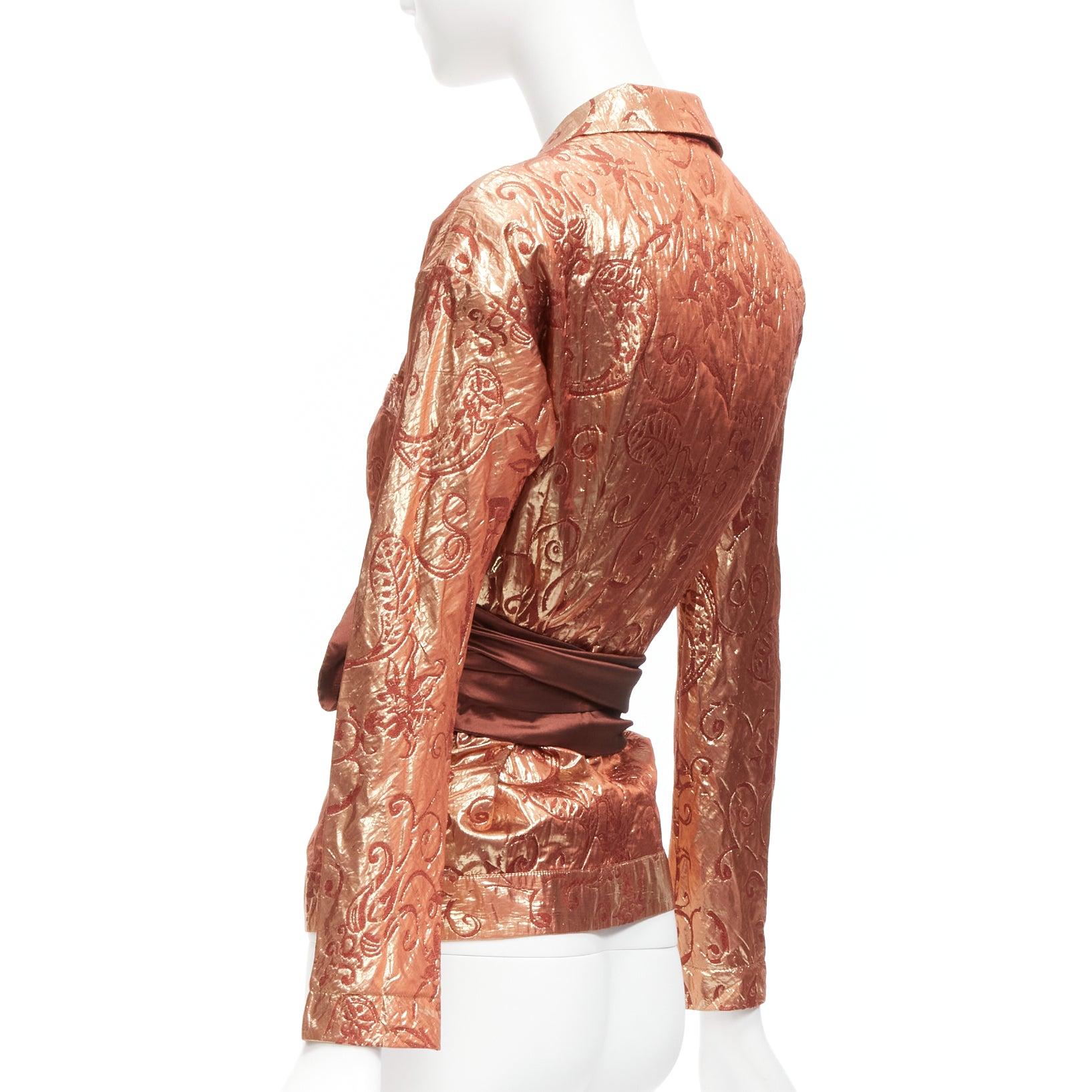 ROMEO GIGLI Vintage rose gold silk wool baroque jacquard wrap belt shirt IT44 L For Sale 2