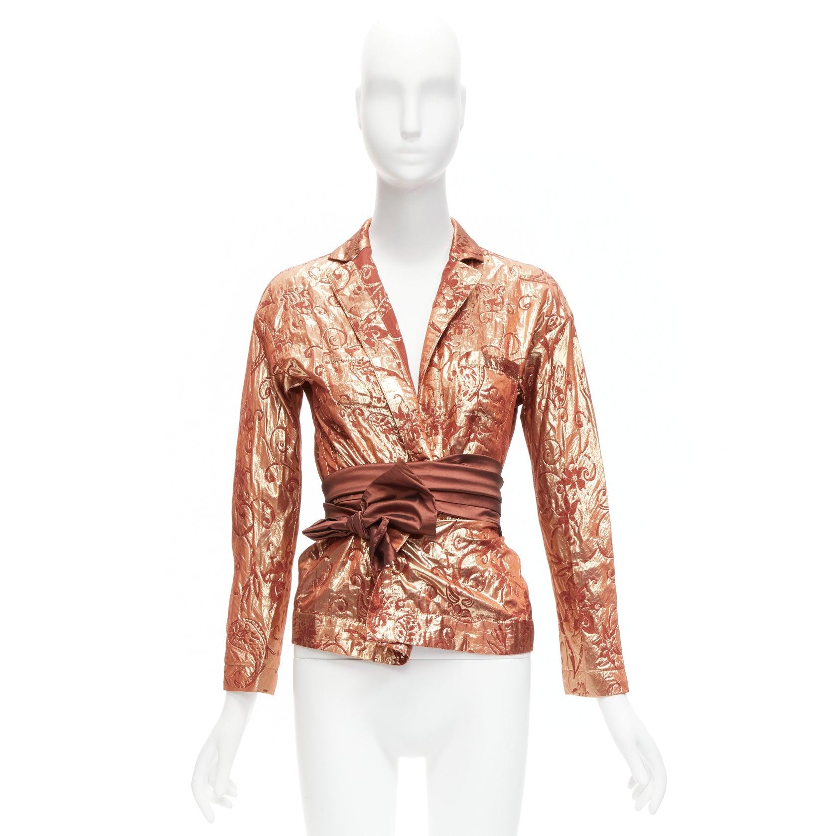 ROMEO GIGLI Vintage rose gold silk wool baroque jacquard wrap belt shirt IT44 L For Sale 5