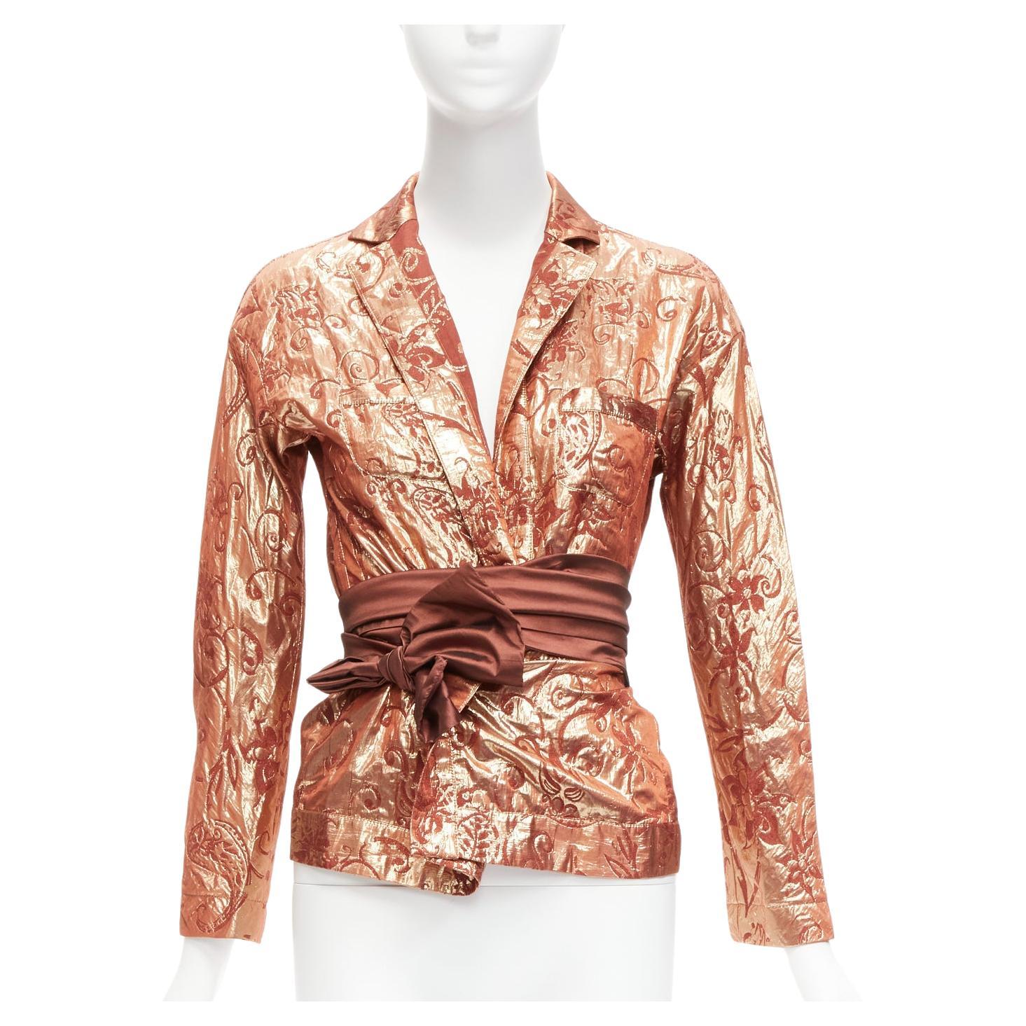 ROMEO GIGLI Vintage rose gold silk wool baroque jacquard wrap belt shirt IT44 L For Sale