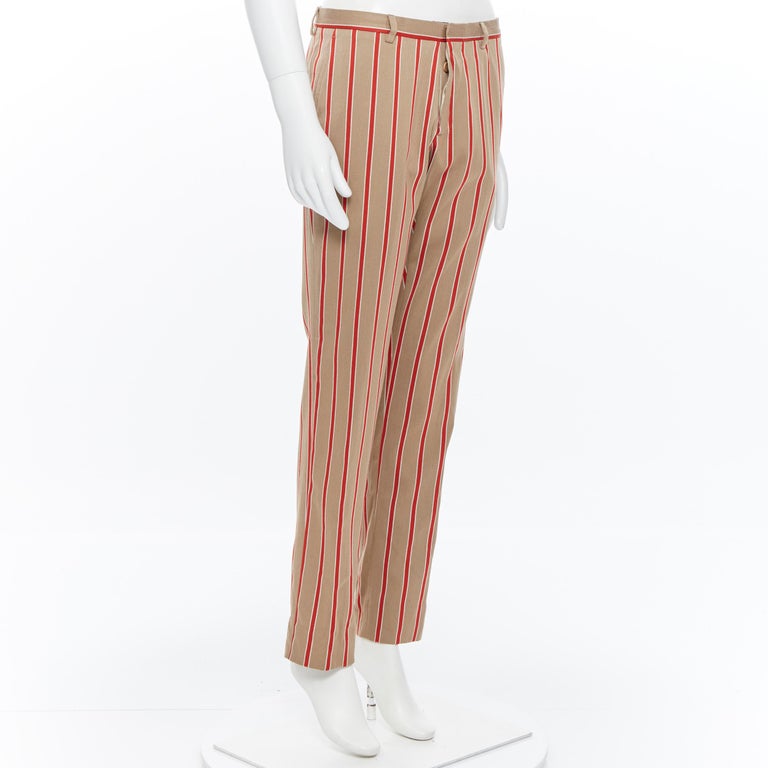 ROMEO GIGLI X JOYCE wool cotton beige brown red stripe vertical trousers  IT46 at 1stDibs
