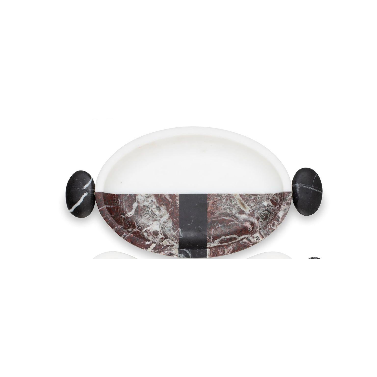 Carlo small plate by Matteo Cibic
Dimensions: 40 x 29 x 4 cm
Materials: Nero Marquinia, Bianco Michelangelo, Rosso Levanto

Please note that the Cibic pieces with “ears” or tray handles are ornamental and not functional. 
Use them can cause