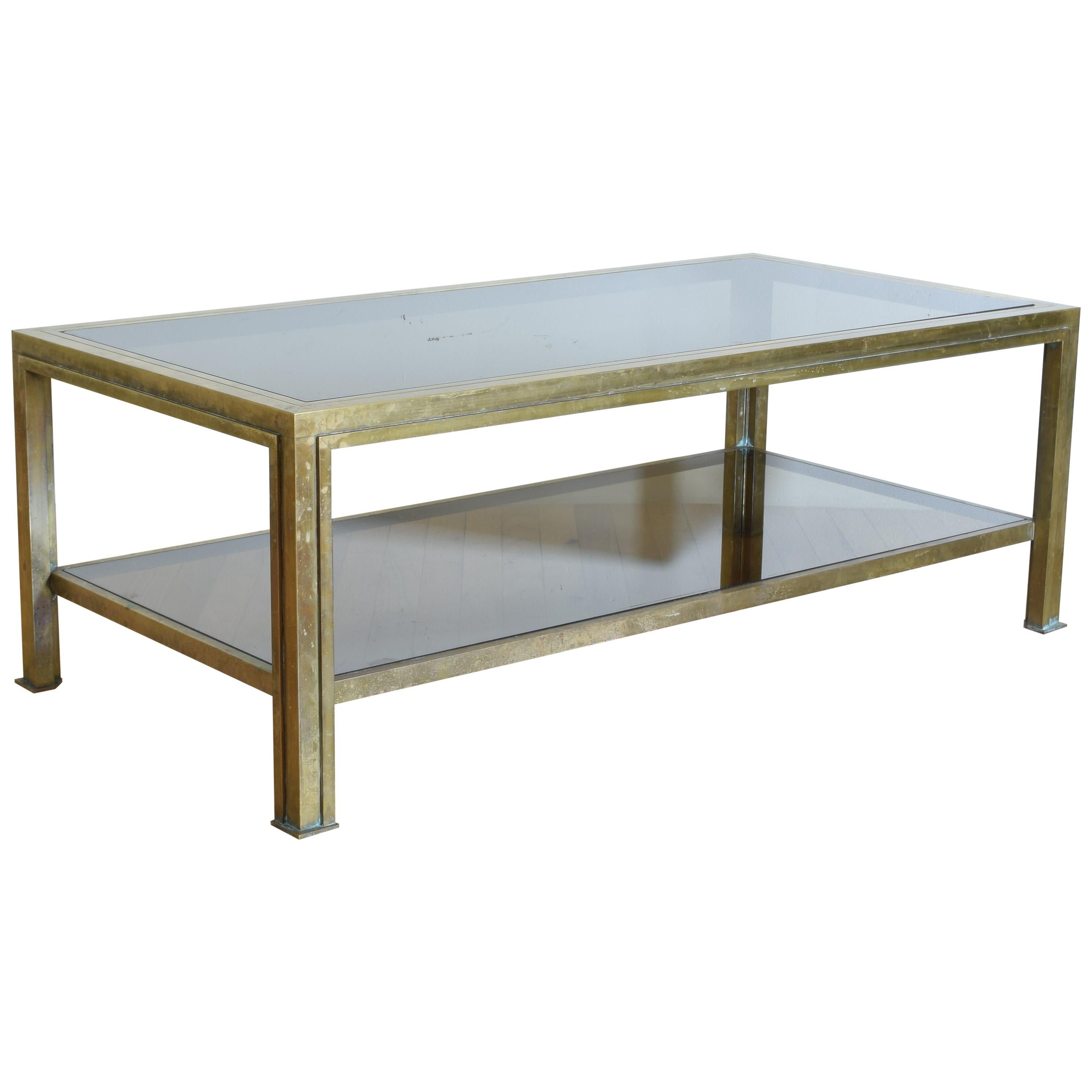 Romeo  Rega 1970s Italian Brass and Smoked Glass Two-Tier Coffee Table