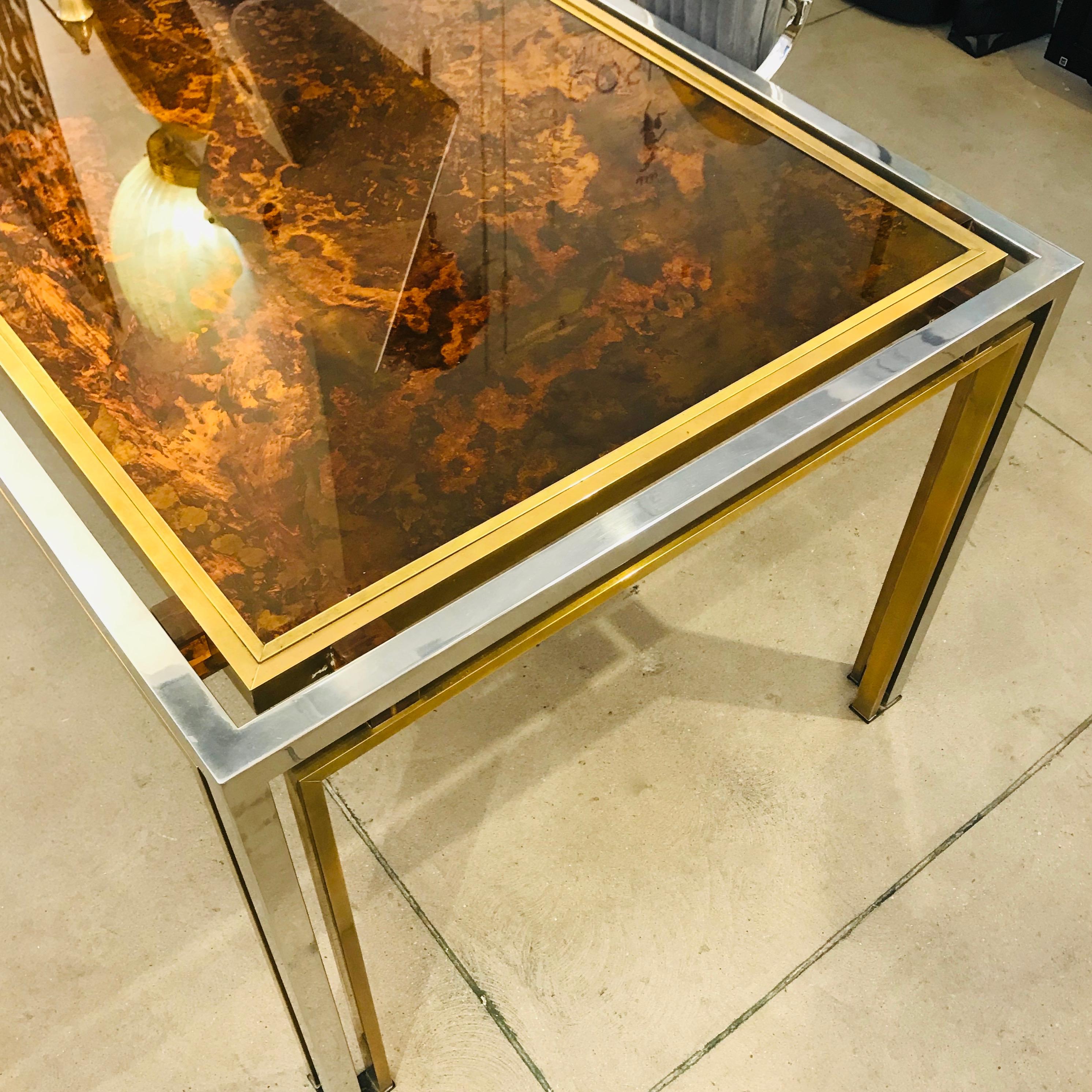 Mid-Century Modern Romeo Rega Italian Faux Tortoise Brass and Nickel Desk / Center Table, 1970s