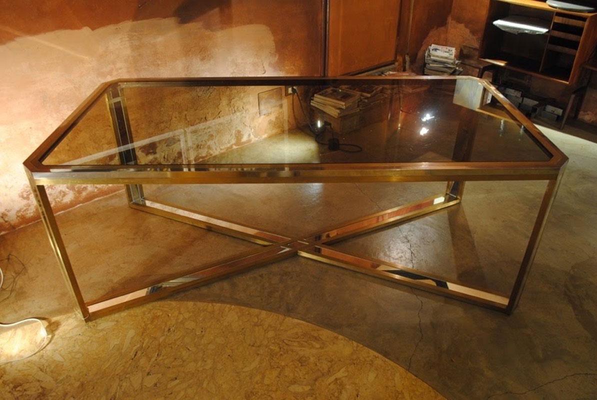 Romeo Rega 1970s Italian Midcentury Table in Stainless Steel, brass and Mirror For Sale 2