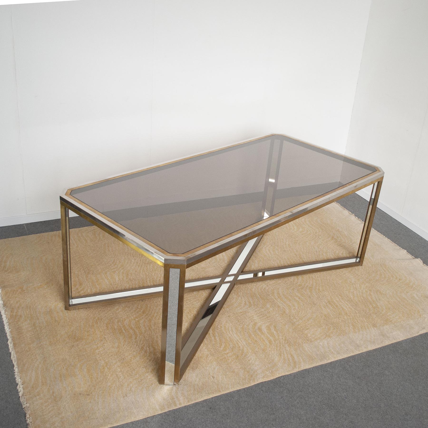 Romeo Rega 1970s Italian Midcentury Table in Stainless Steel, brass and Mirror For Sale 5