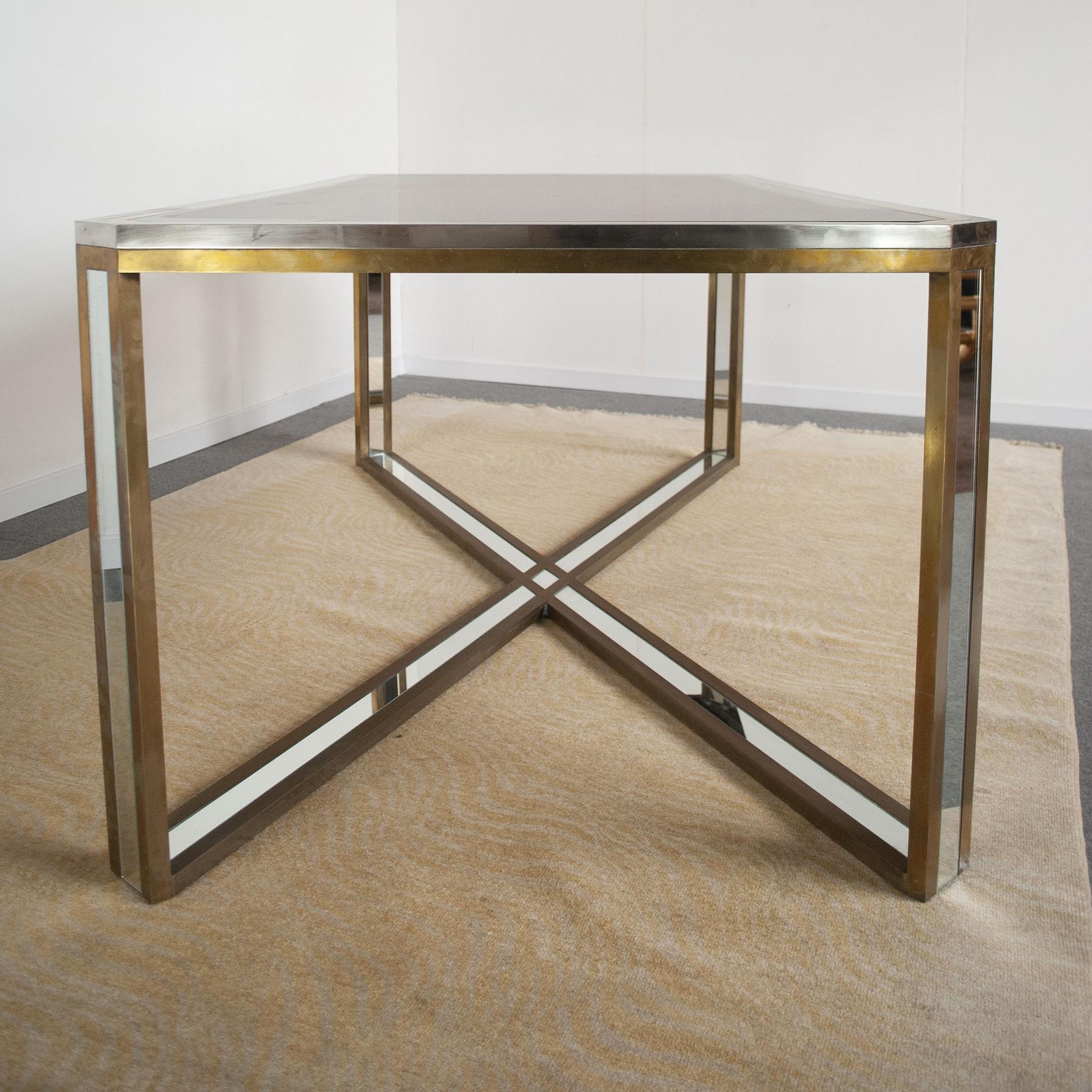 Romeo Rega 1970s Italian Midcentury Table in Stainless Steel, brass and Mirror For Sale 7