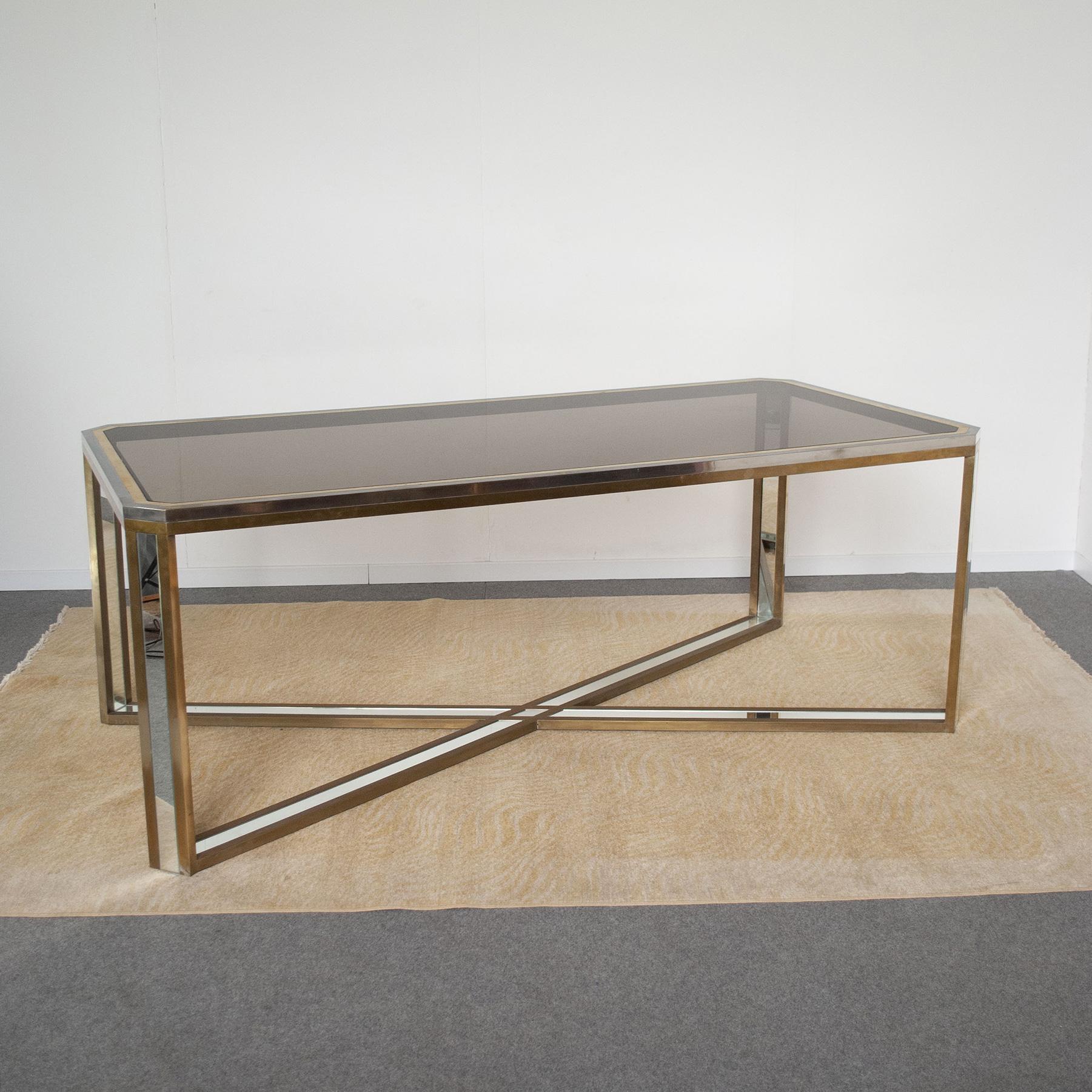 Romeo Rega 1970s Italian Midcentury Table in Stainless Steel, brass and Mirror For Sale 9
