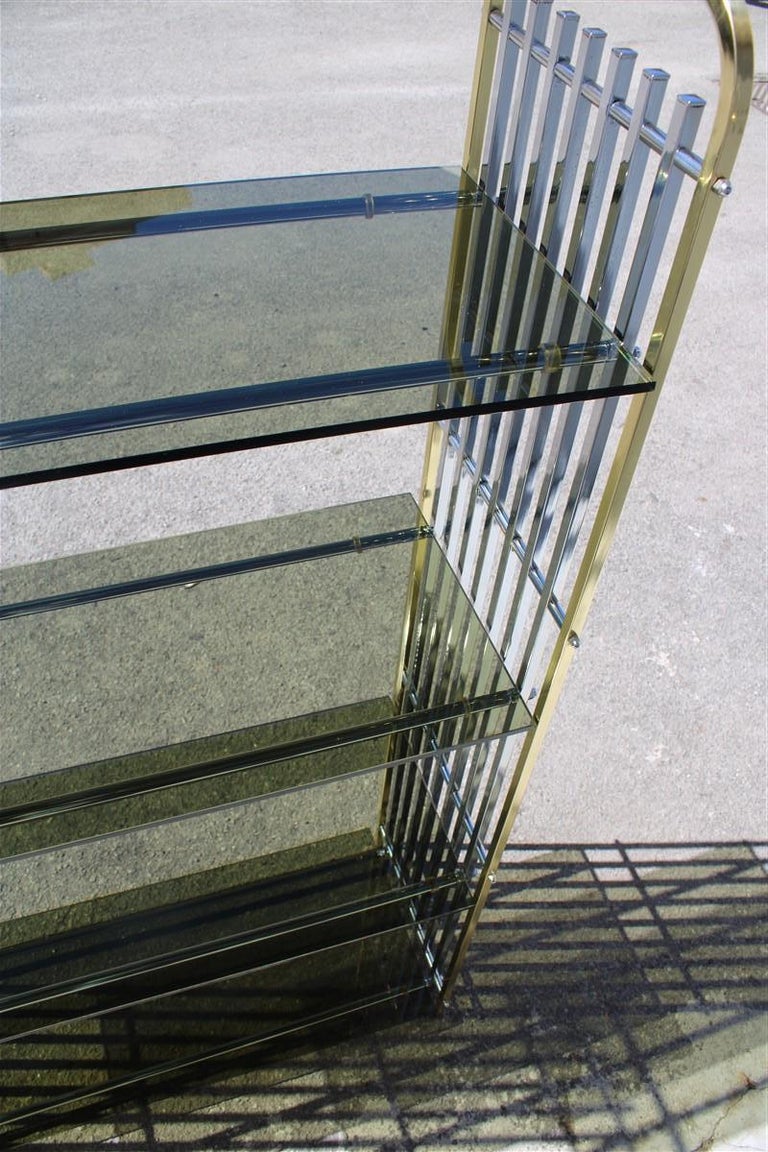 Romeo Rega 1970s Italian Shelf in Brass and Chrome Minimalist Glass