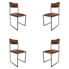 Romeo Rega 4 Brass and Brown Suede Midcentury Italian Chairs, 1970