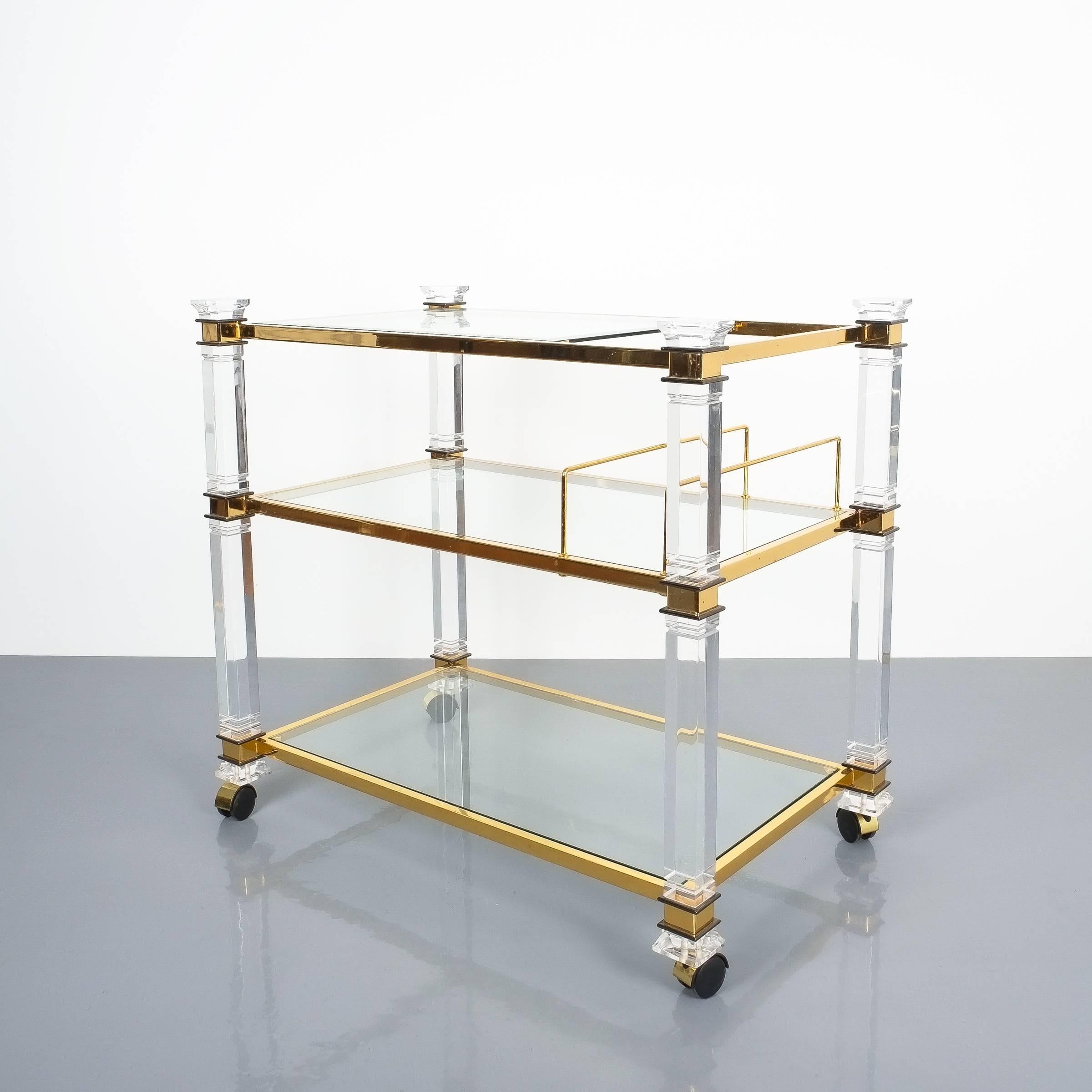 Mid-Century Modern Romeo Rega Bar Cart Table Lucite Glass Gold Brass, 1970