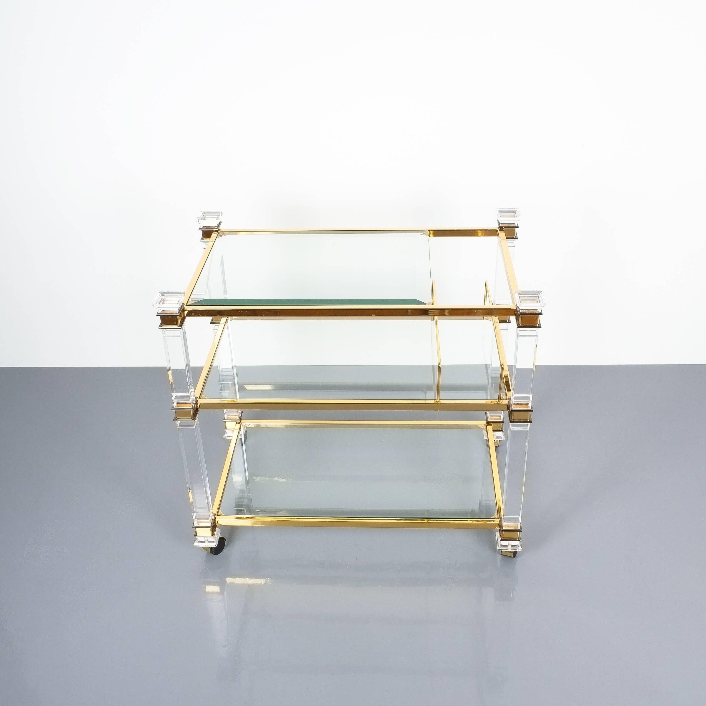 Gilt Romeo Rega Bar Cart Table Lucite Glass Gold Brass, 1970