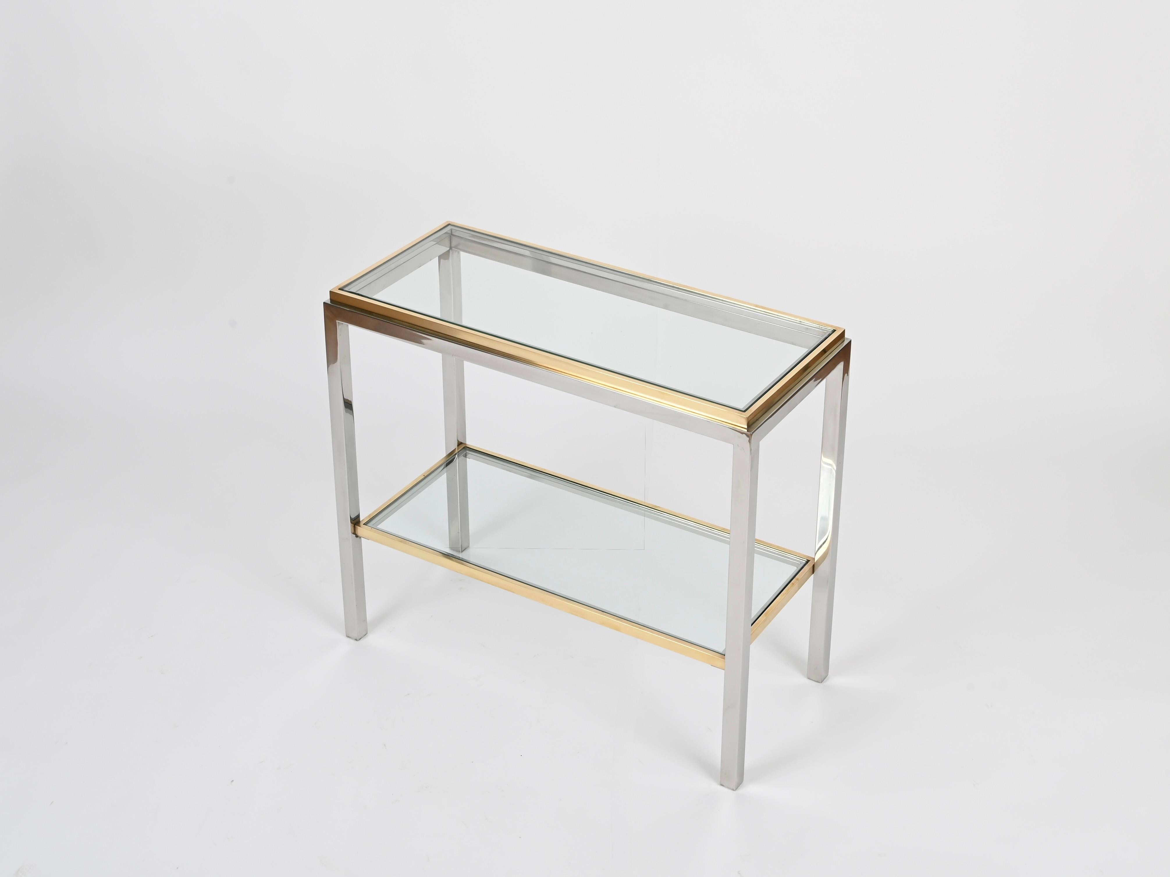 Polished Romeo Rega Brass and Chrome Console or Side Table, Italy 1970s For Sale