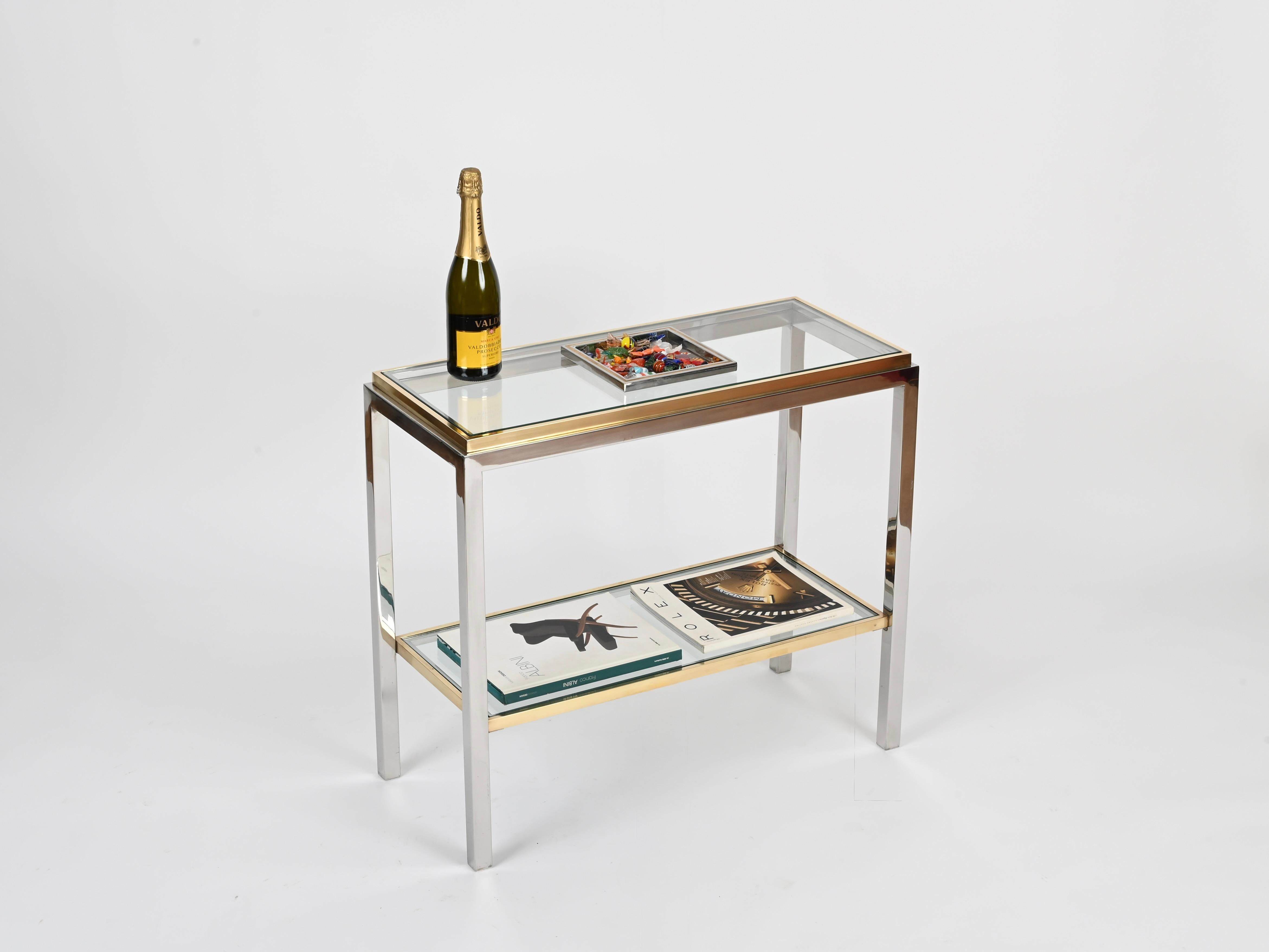 Glass Romeo Rega Brass and Chrome Console or Side Table, Italy 1970s For Sale